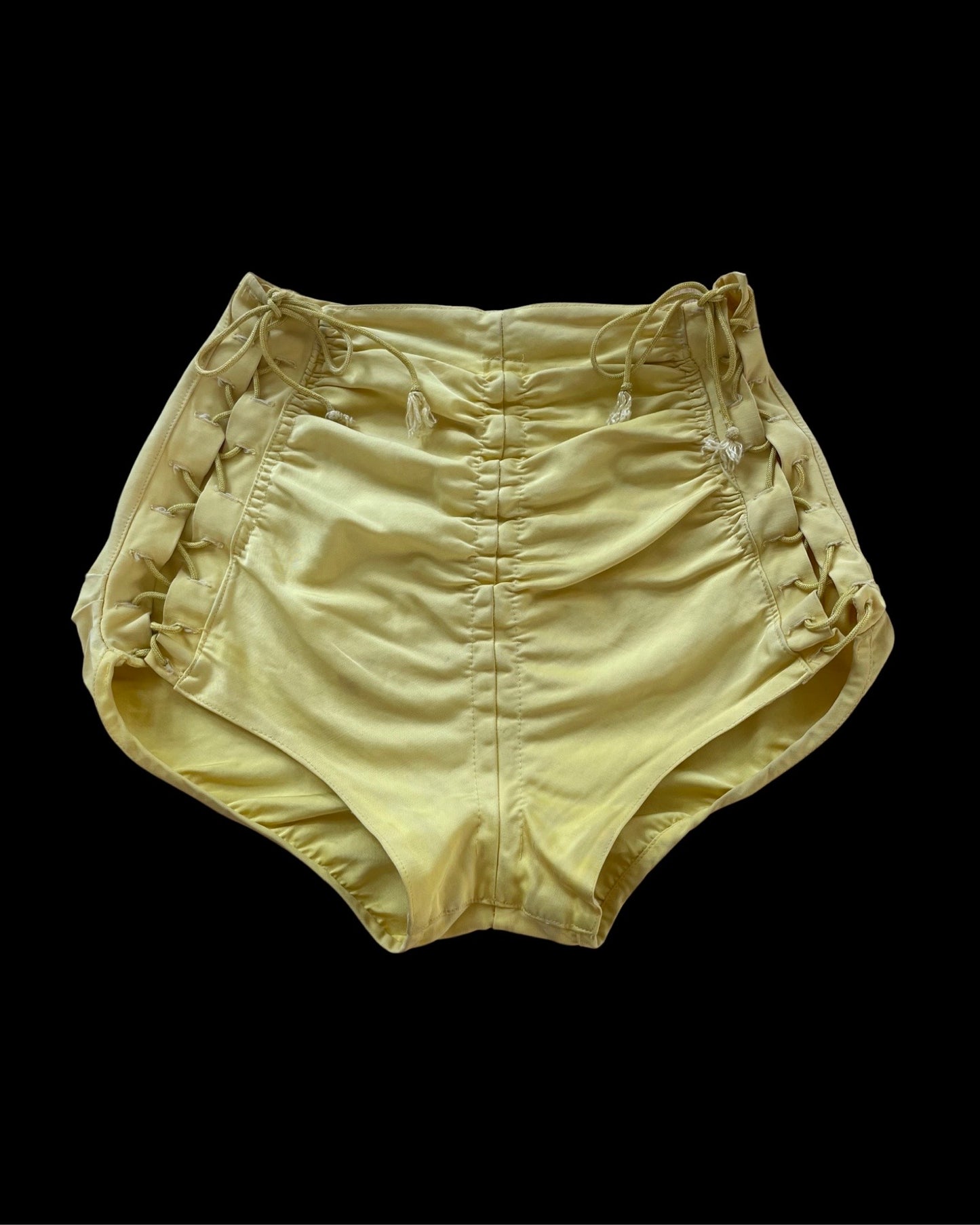Rare Golden Chartreuse 1940s Cole of California Swoon-glo Lace Up Swim Shorts