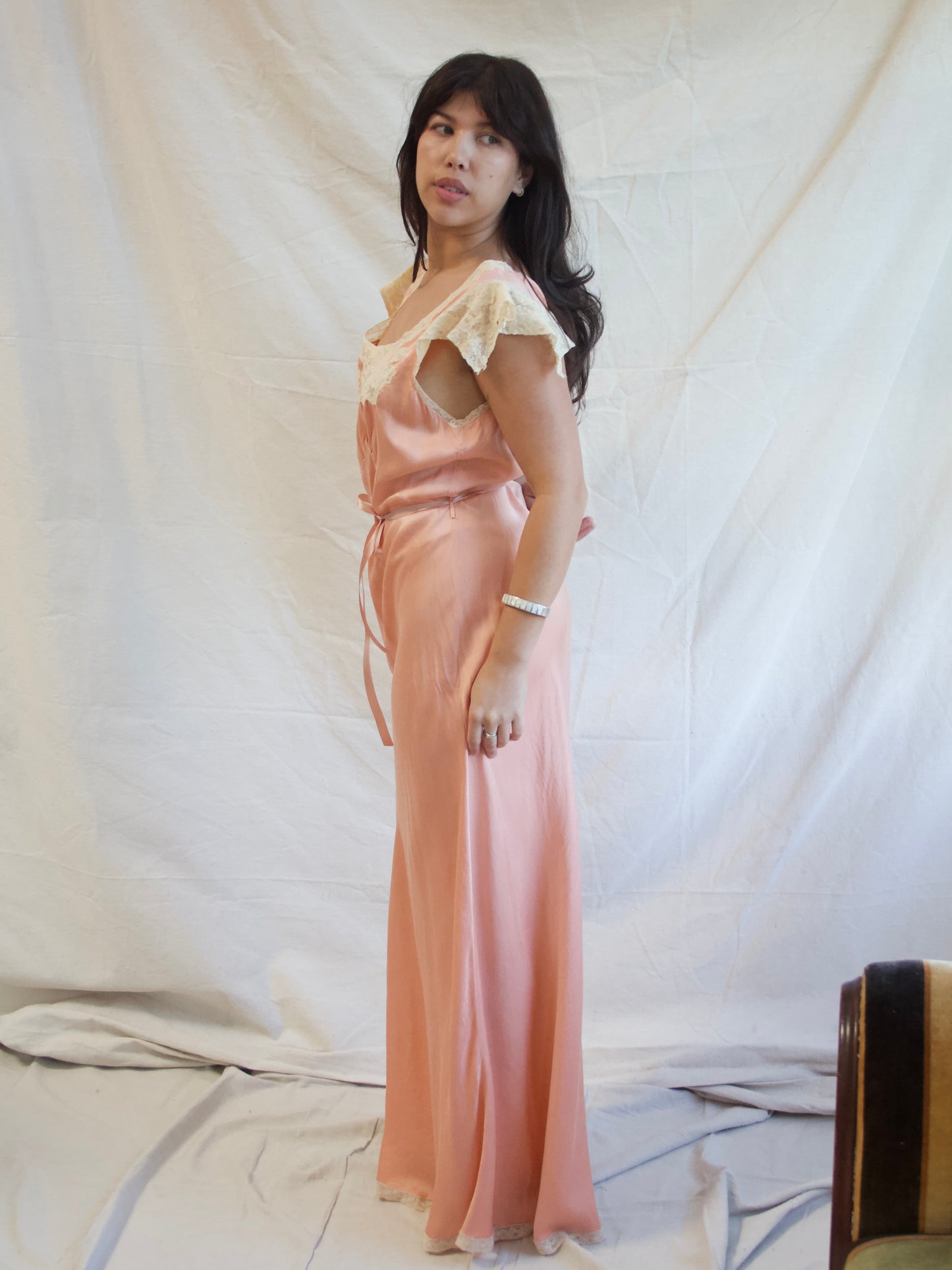 1930s Mauve Silk & Lace Cap Sleeve Bias Cut Braided Belt Slip Dress