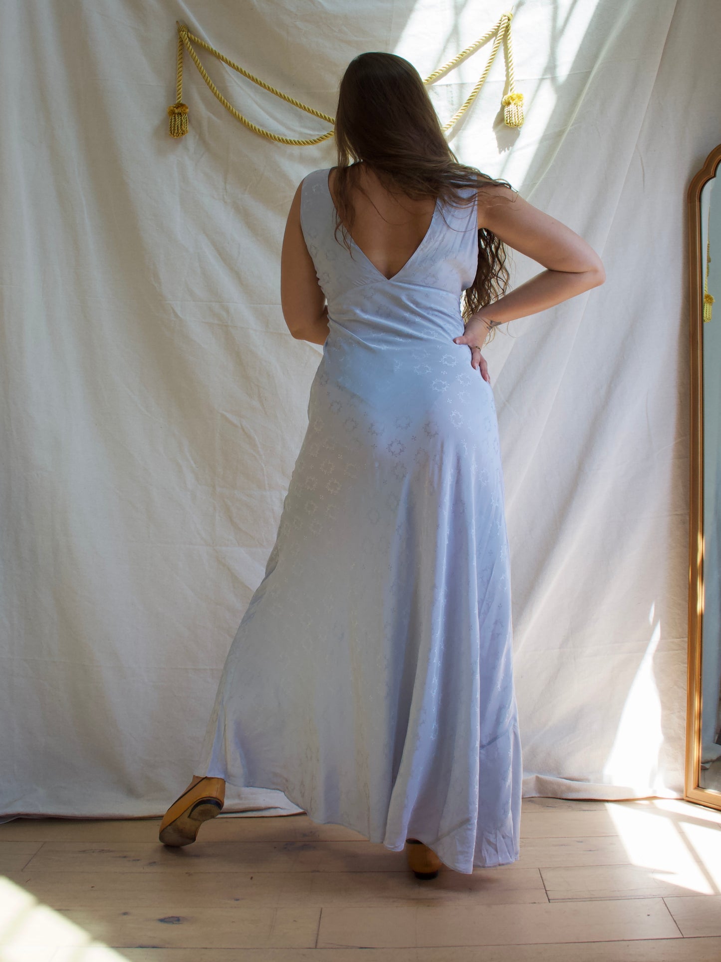 Headstock 1940s Icey Blue Silk Rayon Brocade Bias Cut Slip Dress