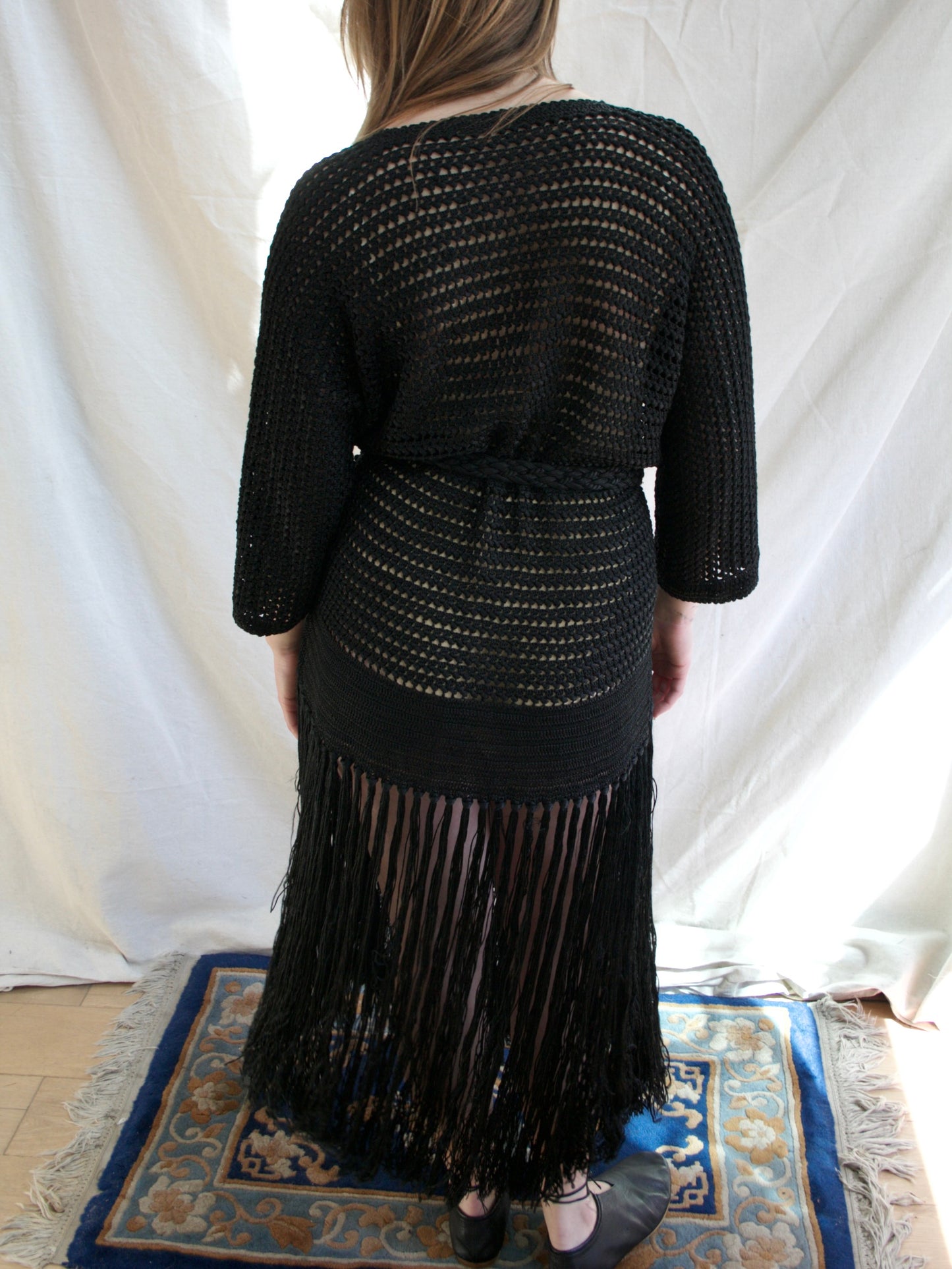 Antique 1920s Inky Black Rayon Knit Fringe Tunic Dress