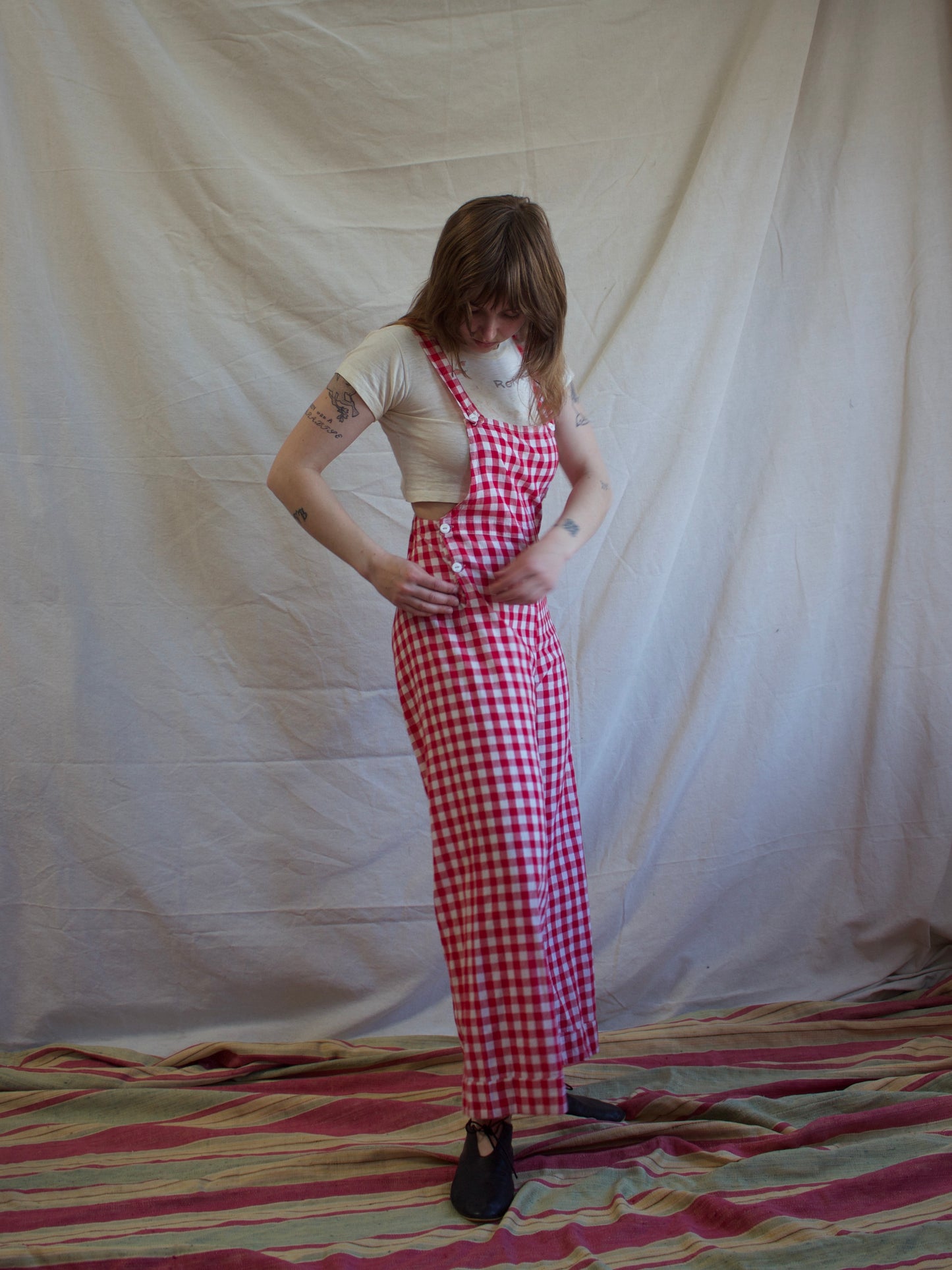 1930s Gingham Cotton Bib Front Side Button Overalls