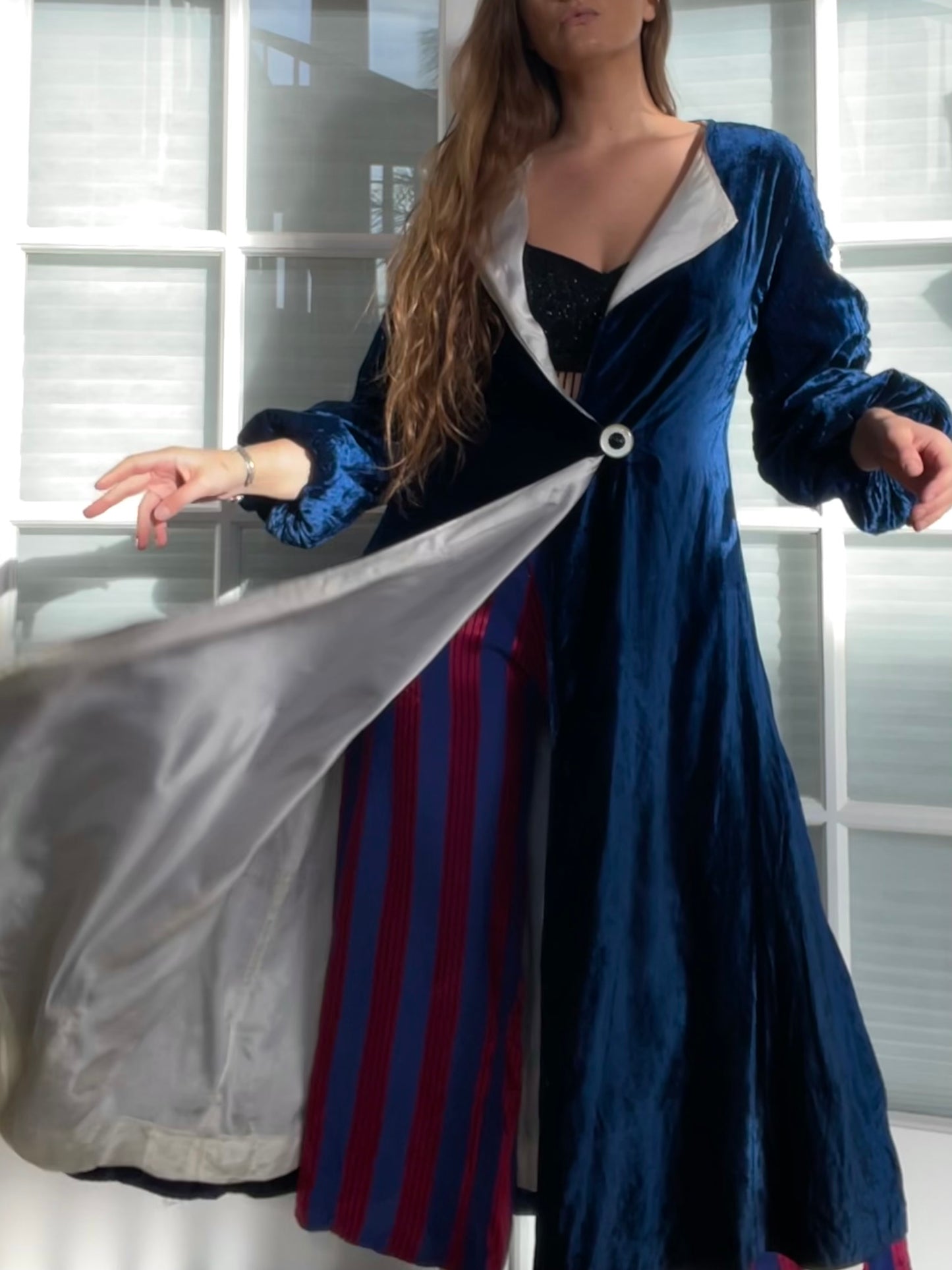 1940s Navy Velvet Bishop Sleeve Robe Style Coat