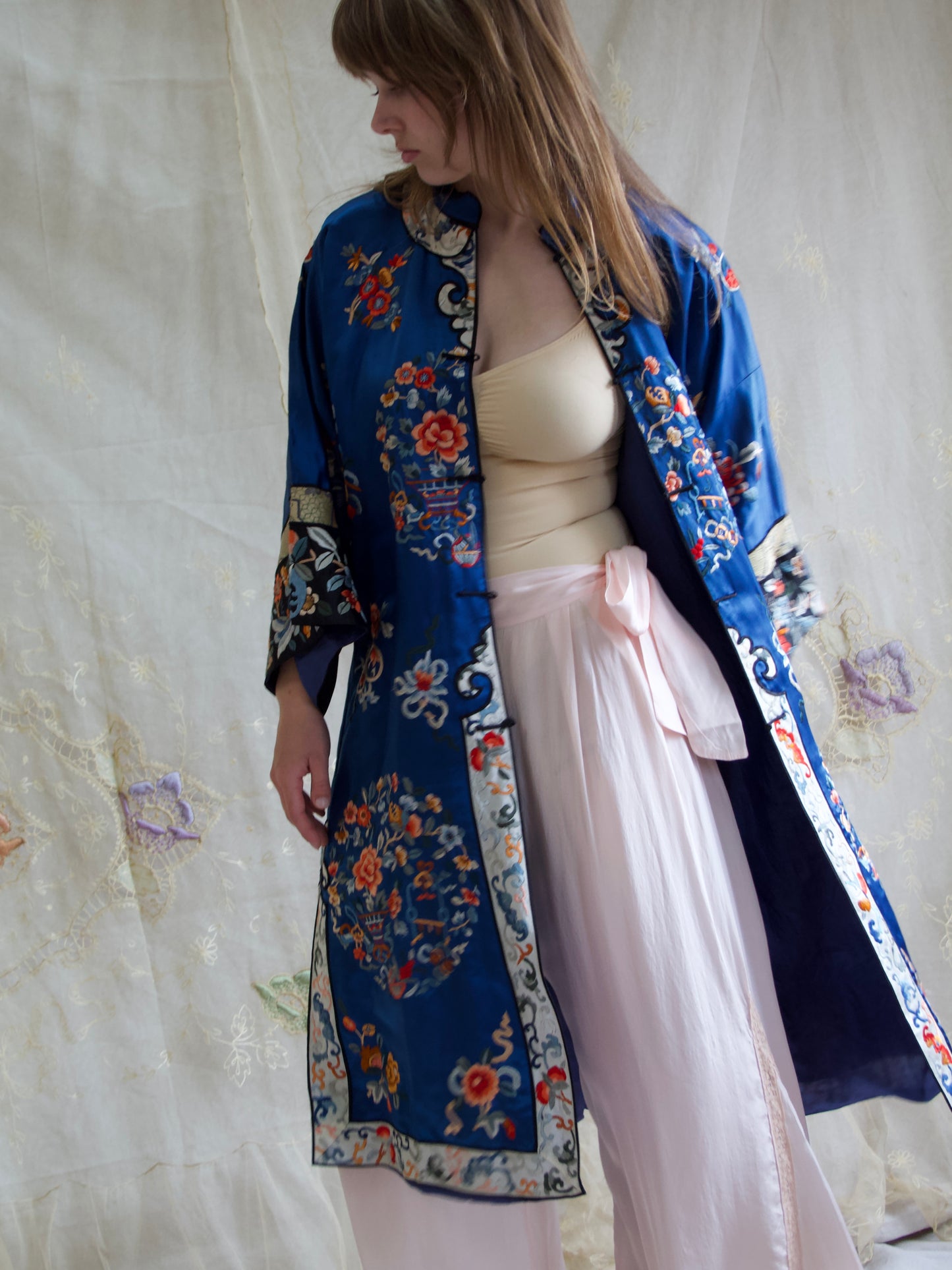 1940s Royal Blue Silk Chinese Mandarin Collar Robe