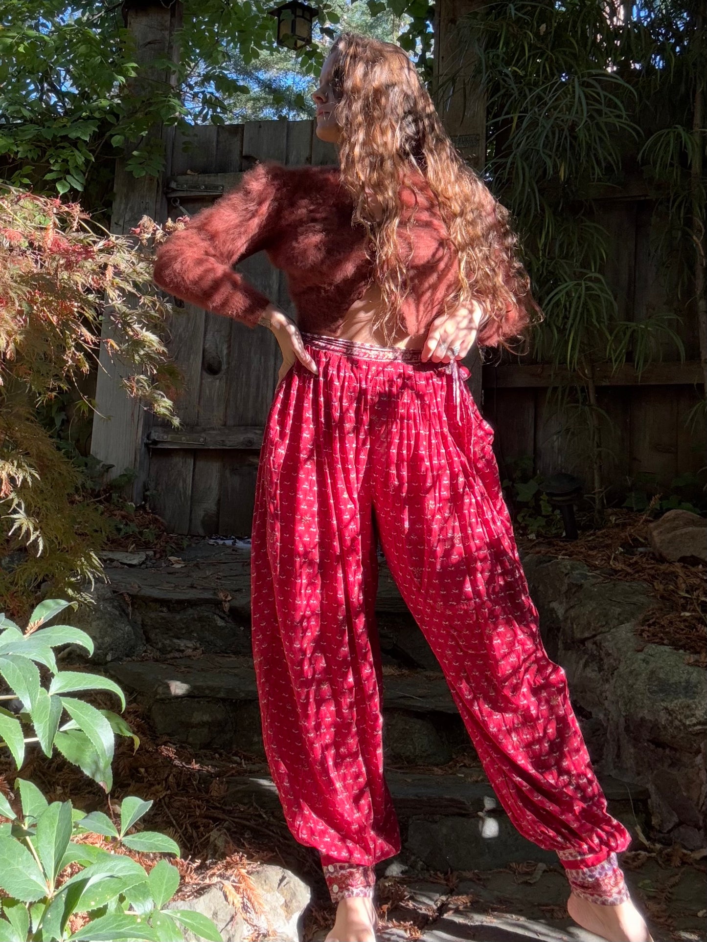 * Flash Sale * 1970s 'Adini’ Block Printed Indian Cotton Side Button Harem Pants