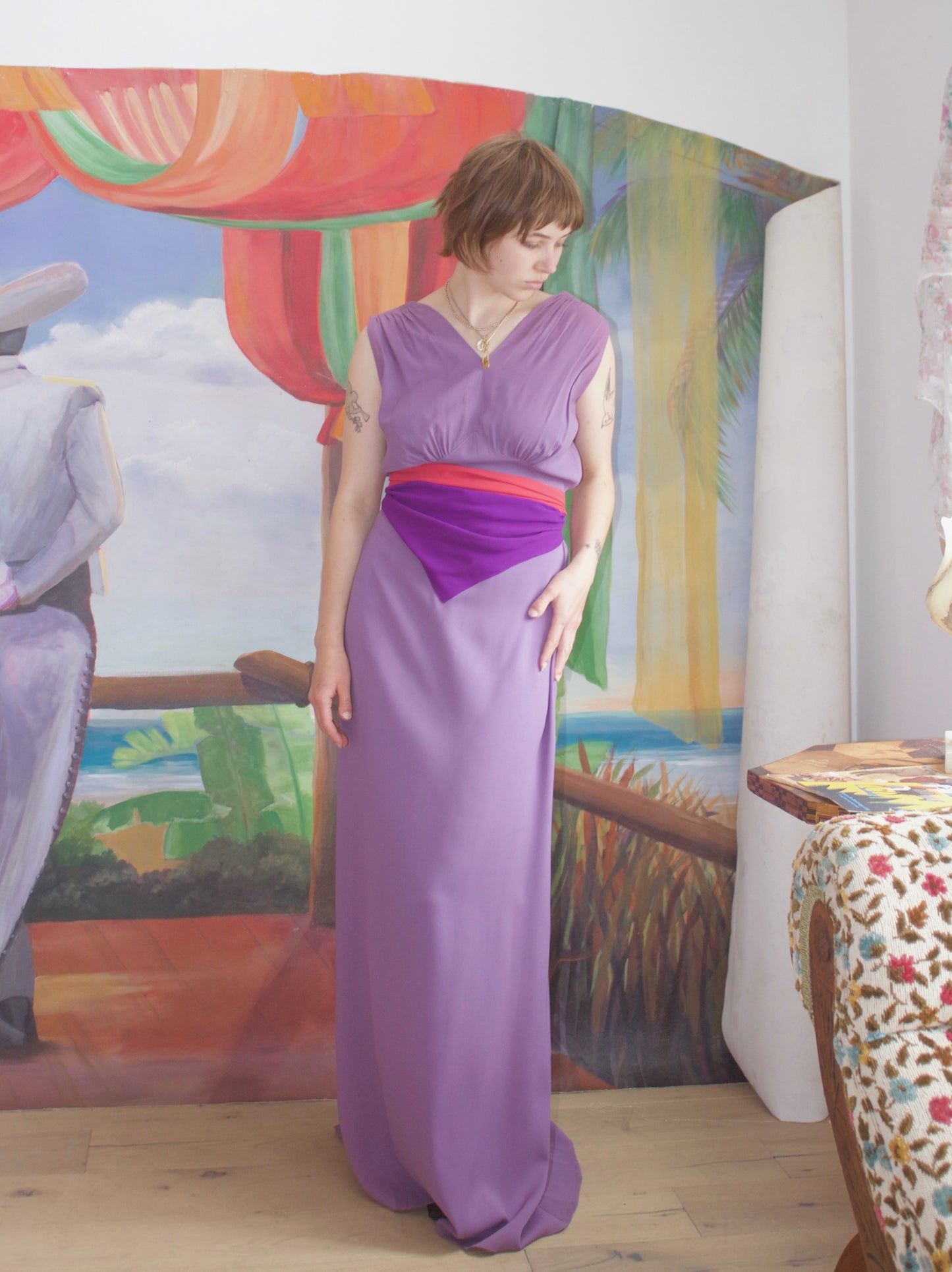 1930s Rayon Jersey Color Block Tie Waist Gown