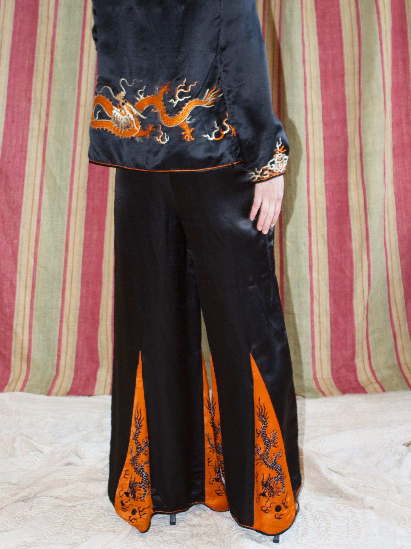 Antique 1920s Silk Wide Leg Chinese Dragon Embroidered 3 PC Lounging Pajamas