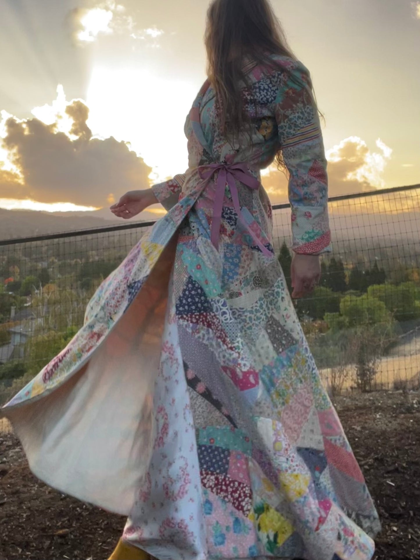Rare 1930s Floor Length Cotton Crazy Quilt Dressing Gown
