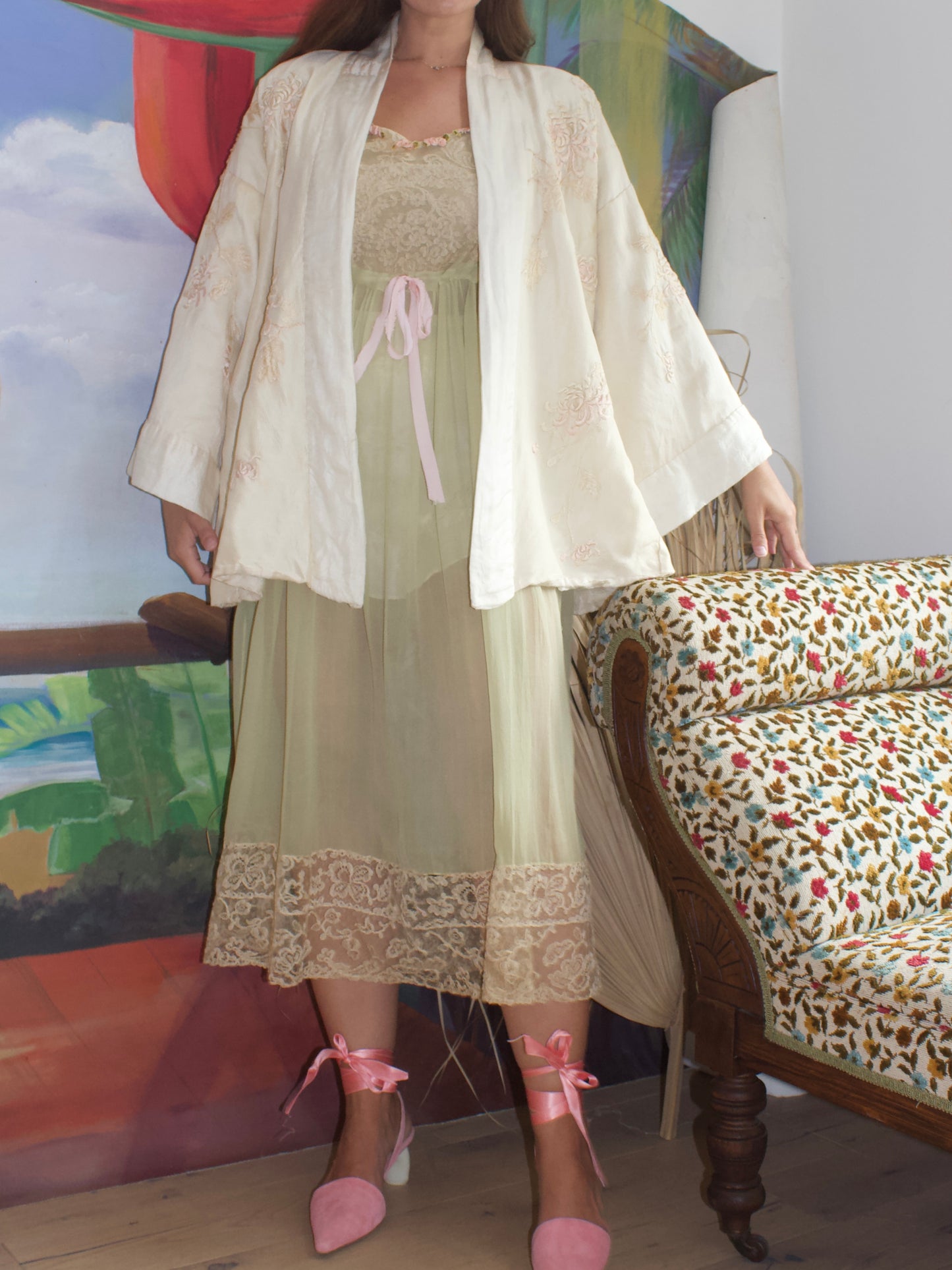 1920s Embroidered Chrysanthemum Silk Bell Sleeve Kimono