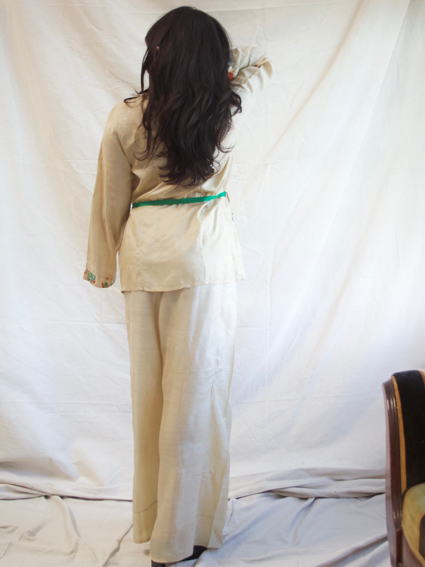 Antique 1920s Faded Print Pongee Silk 2 PC Loungewear Pant Set