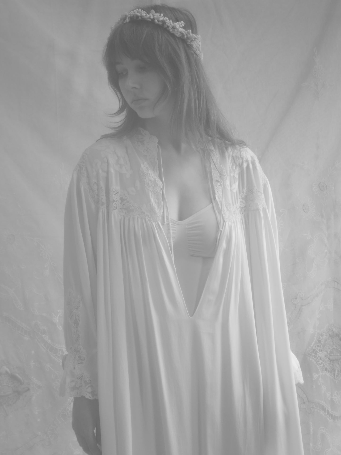 Rare 1930s Silk Lace Hand Sewn Balloon Sleeve Deep V Trousseau Gown