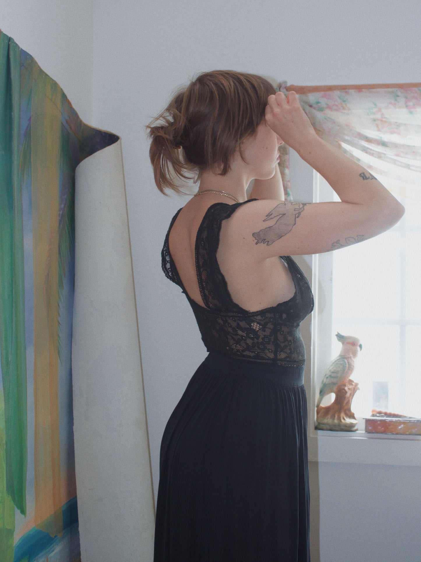 1930s Side Button Appliqué Lace & Silk Crepe Slip Dress