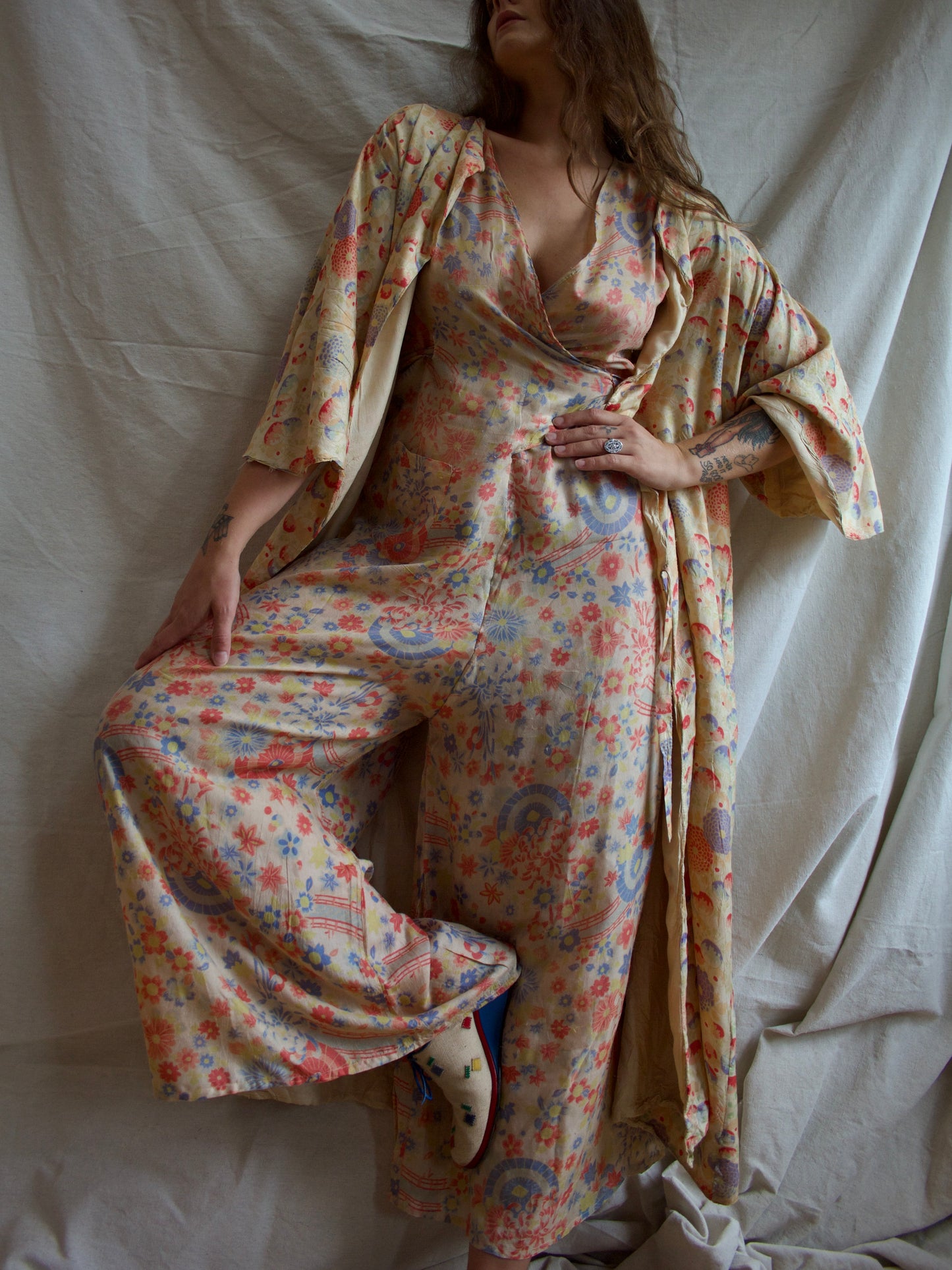 1930s All Over Japanese Print Pongee Silk Lounge Jumpsuit