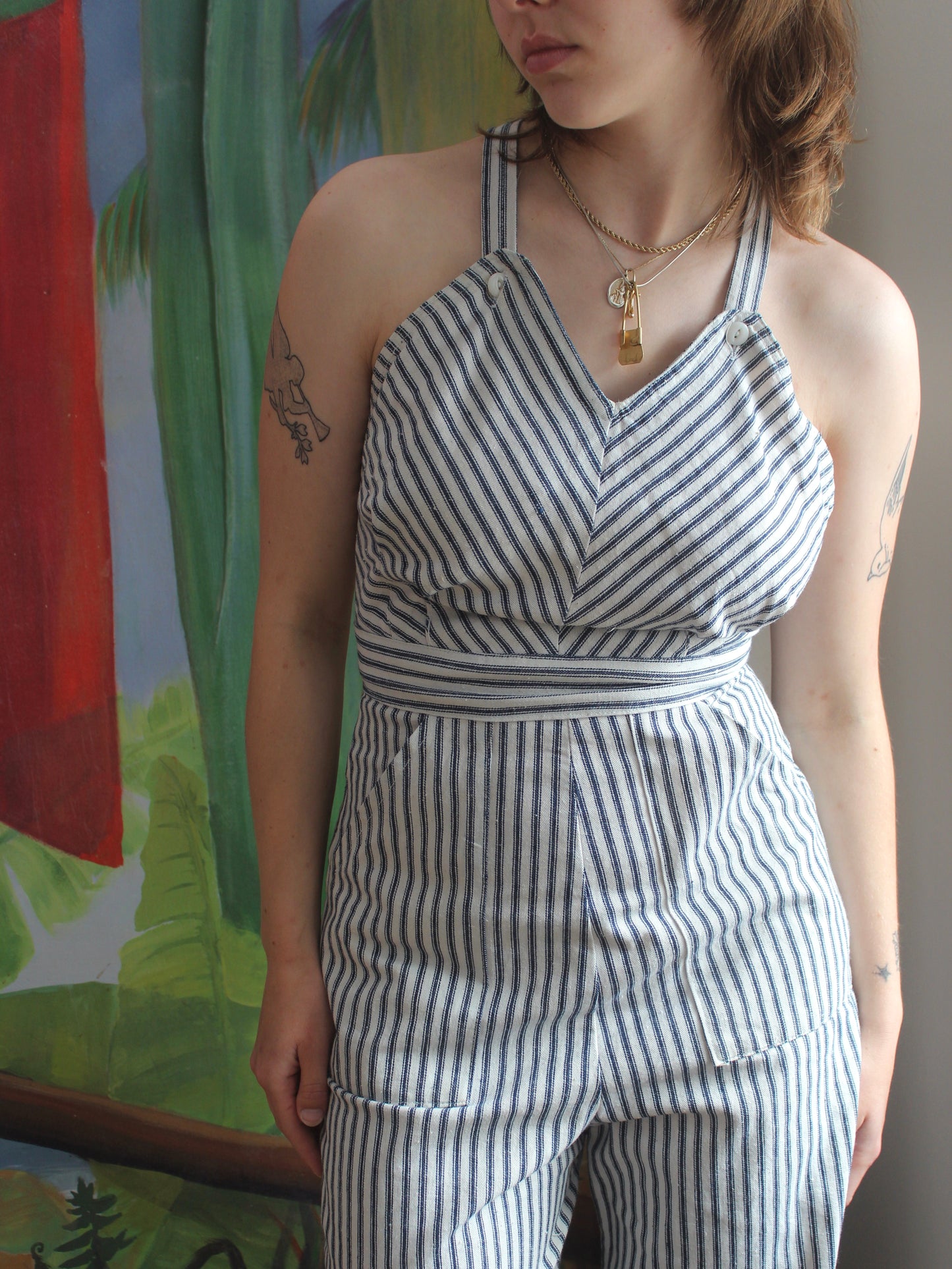 1930s Ticking Stripe Cotton Twill Sweetheart Ladies Overalls