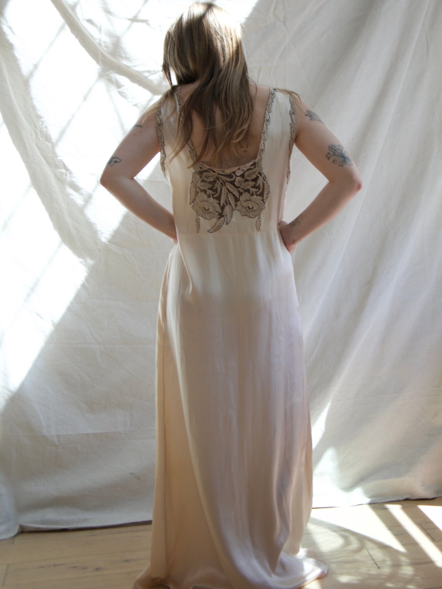 1930s Champagne Silk Inset Lace Low Back Slip Dress