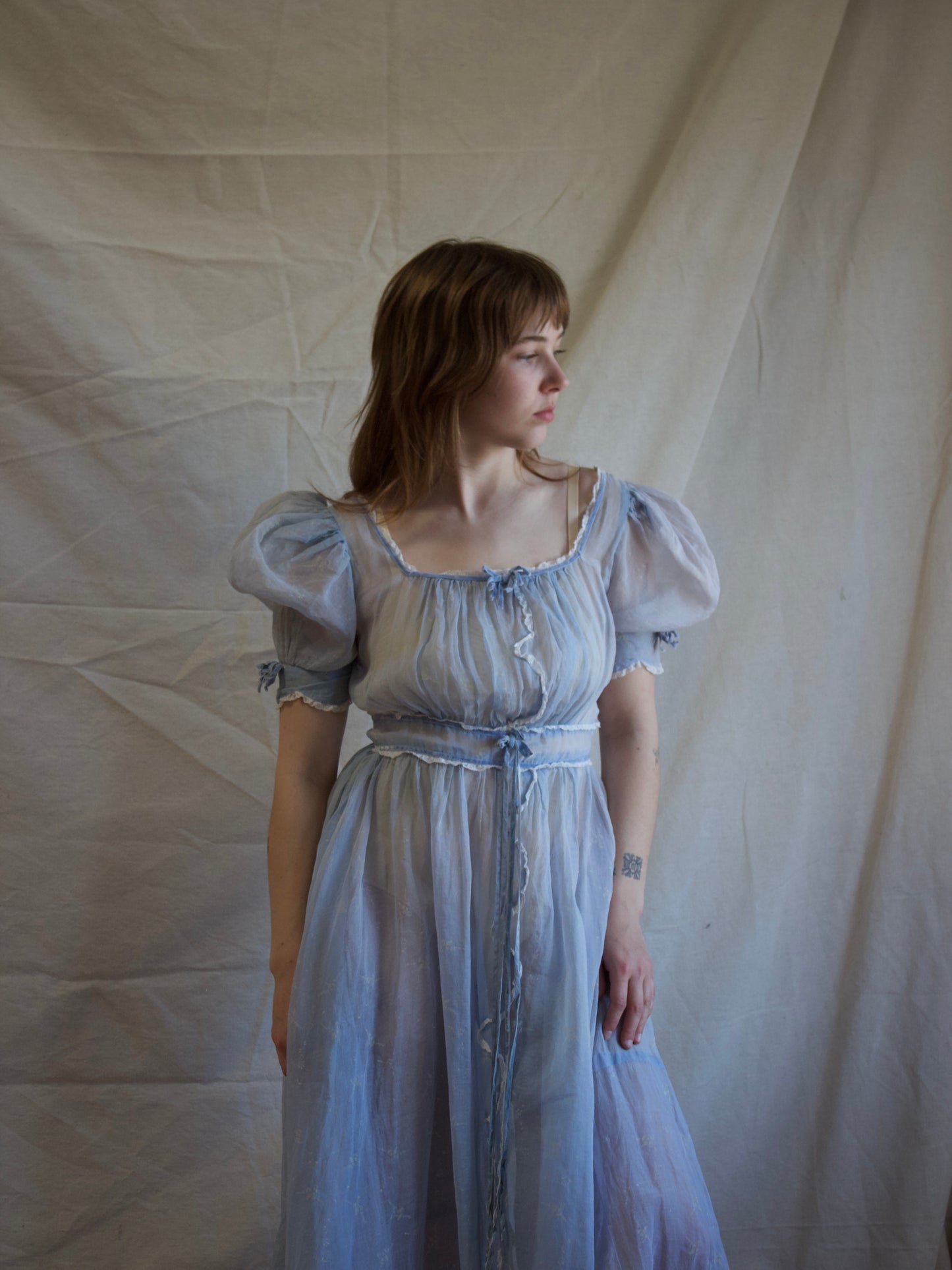 1940s Novelty Print Organza Puff Sleeve Ice Blue Dress