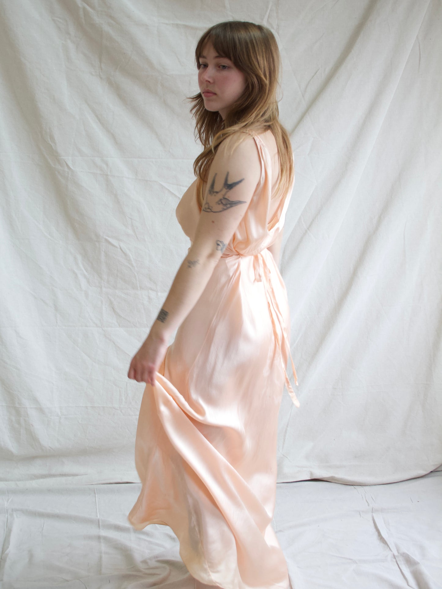 1930s Hand Sewn Woven Strap Bias Cut Silk Midriff Detail Slip Dress