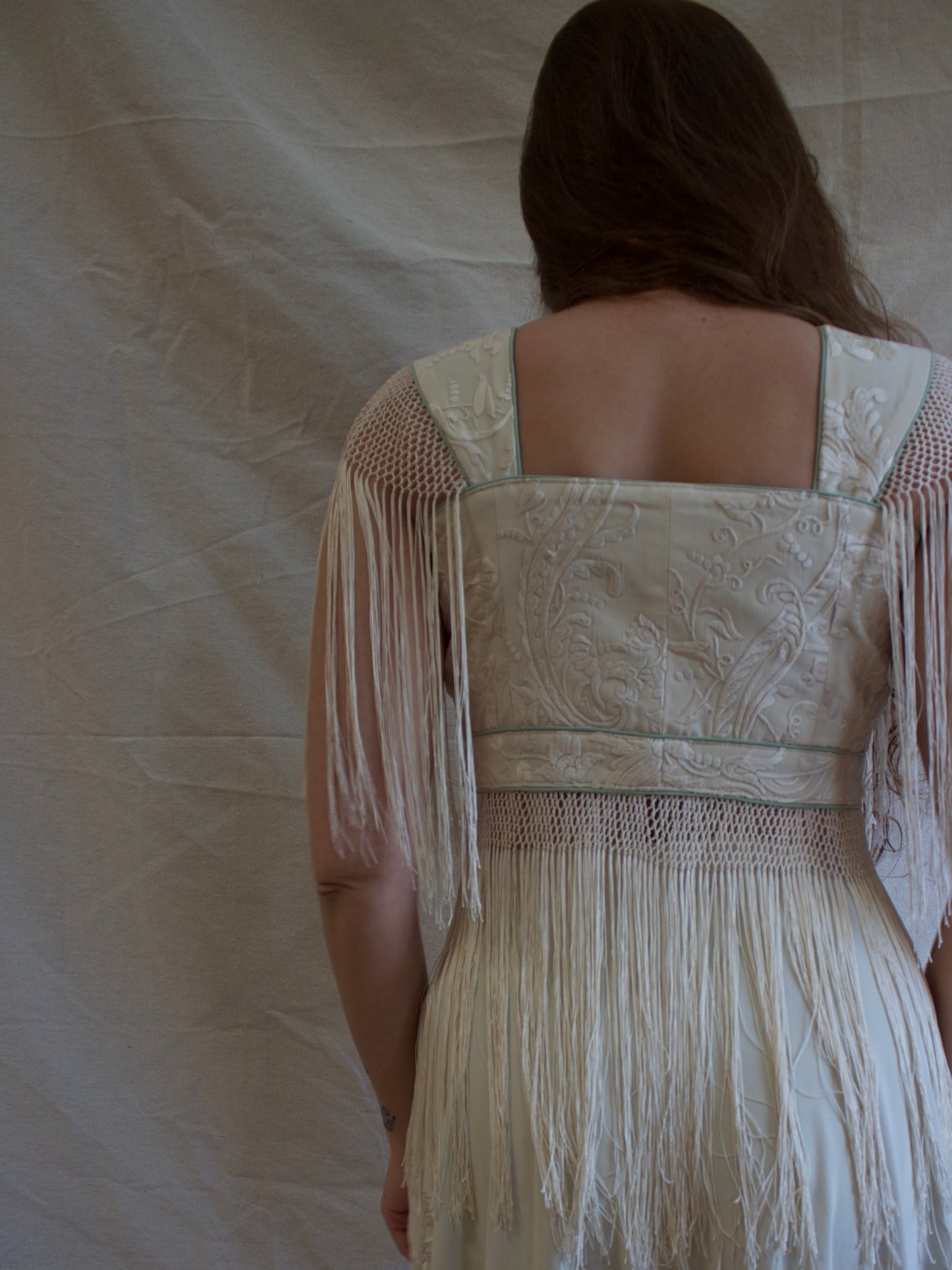 Antique Embroidered Fringe Piano Shawl Made Two Piece Gown