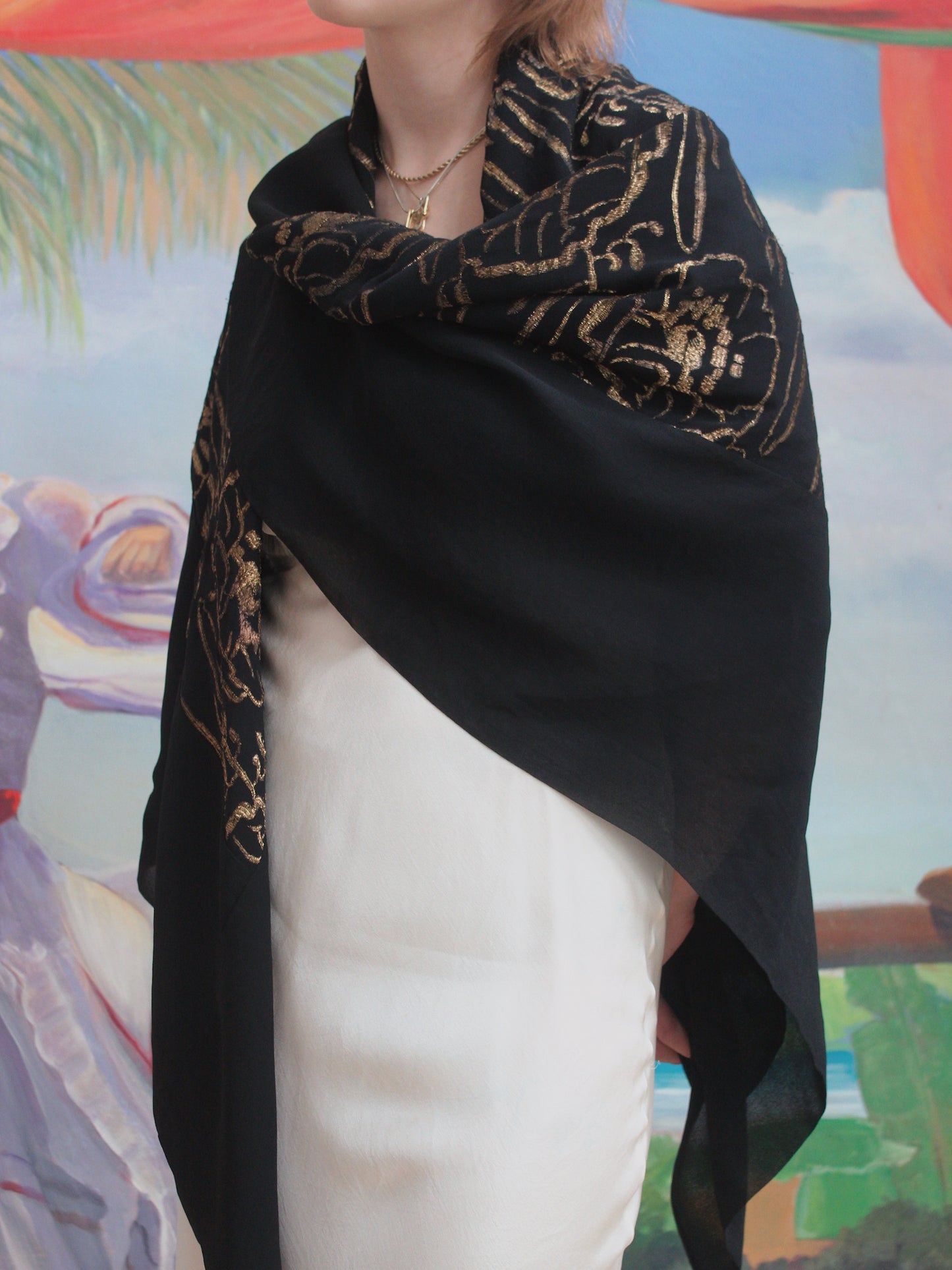 Antique 1920s Lamé Crepe Chiffon Shawl