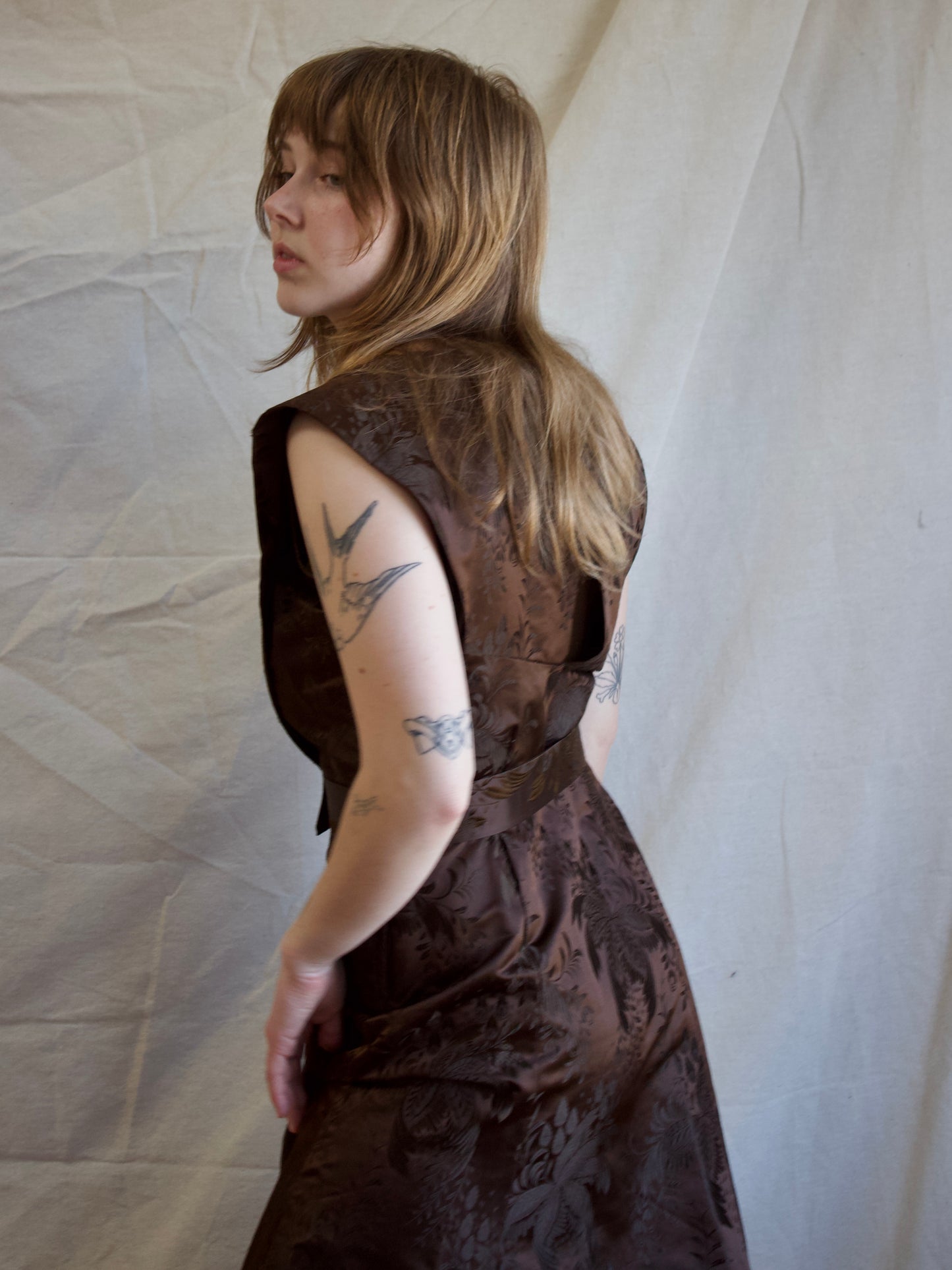 1930s Silk Satin Jacquard & Lamé Sequin Trim Gown