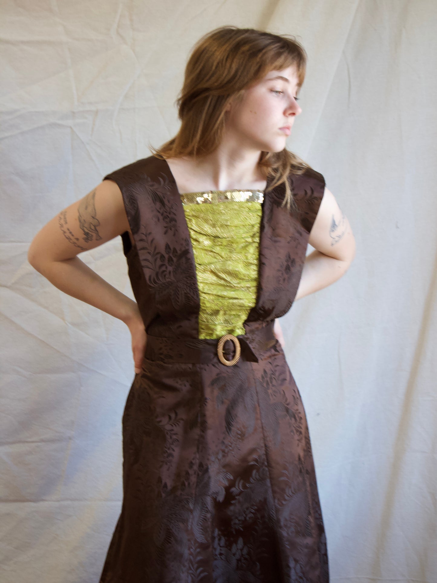 1930s Silk Satin Jacquard & Lamé Sequin Trim Gown