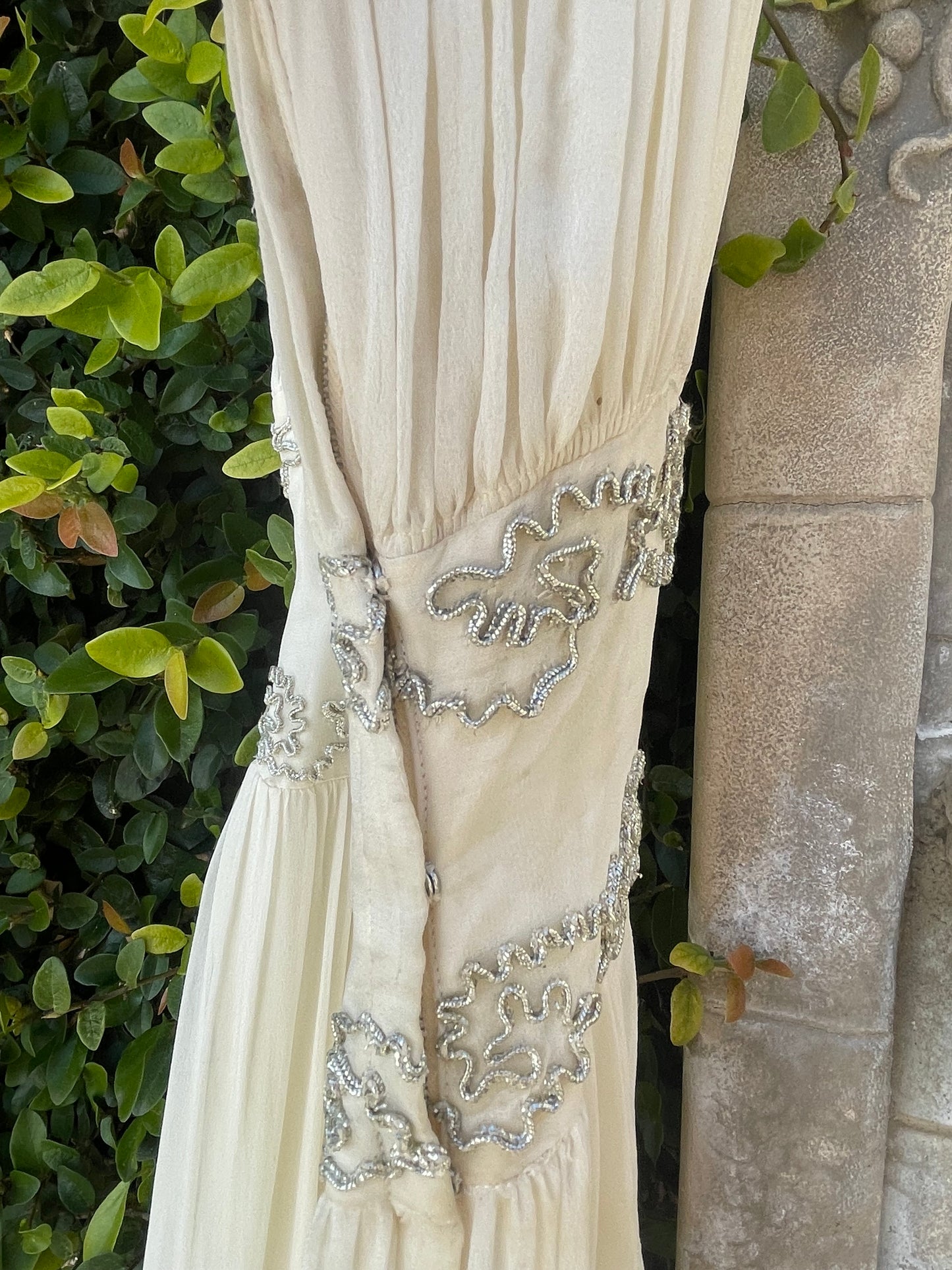 1940s Metallic Soutache Embroidered Chiffon Gown