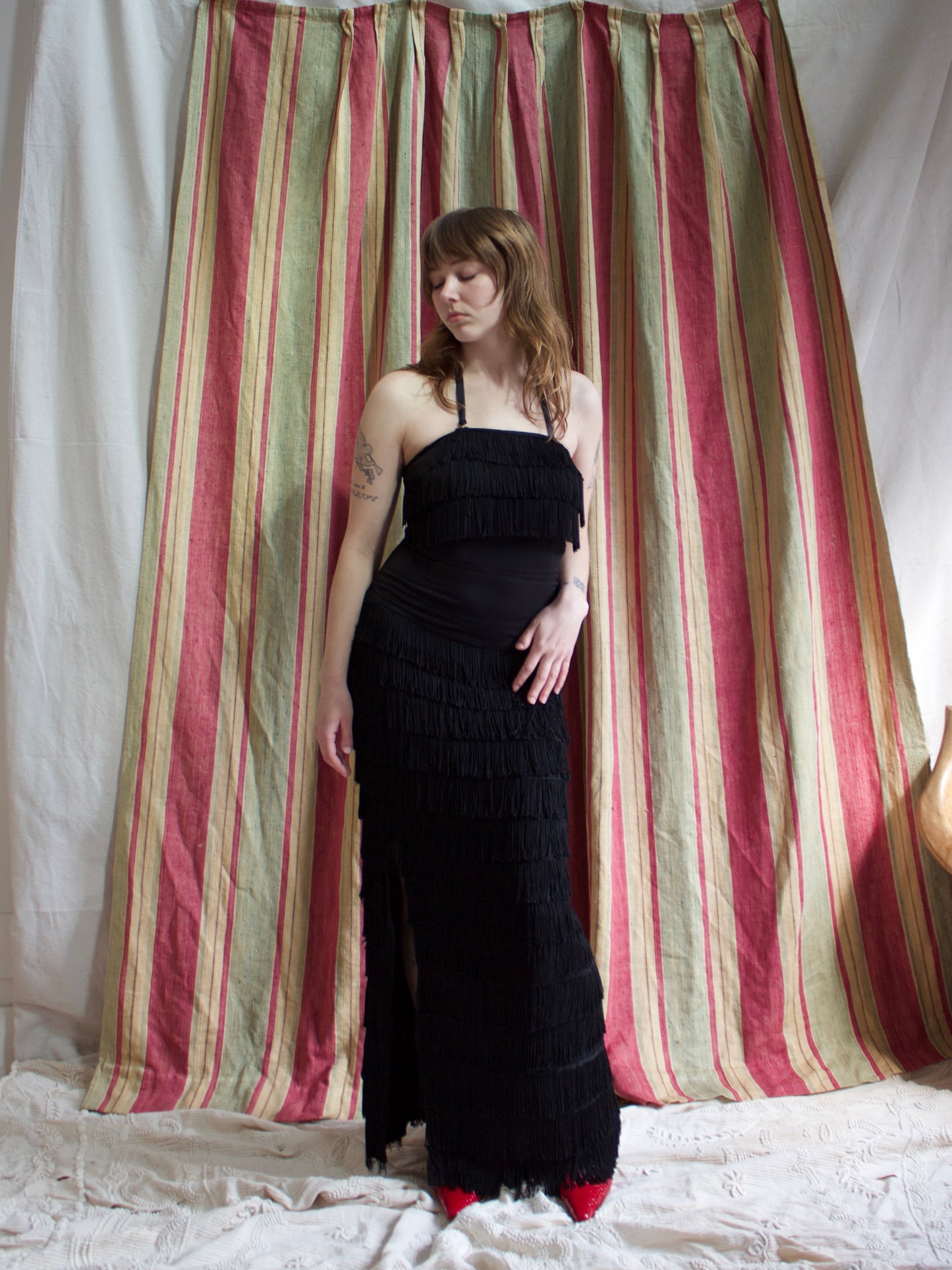 Rare 1940s Halter Style Floor Length Fringe Crepe Gown