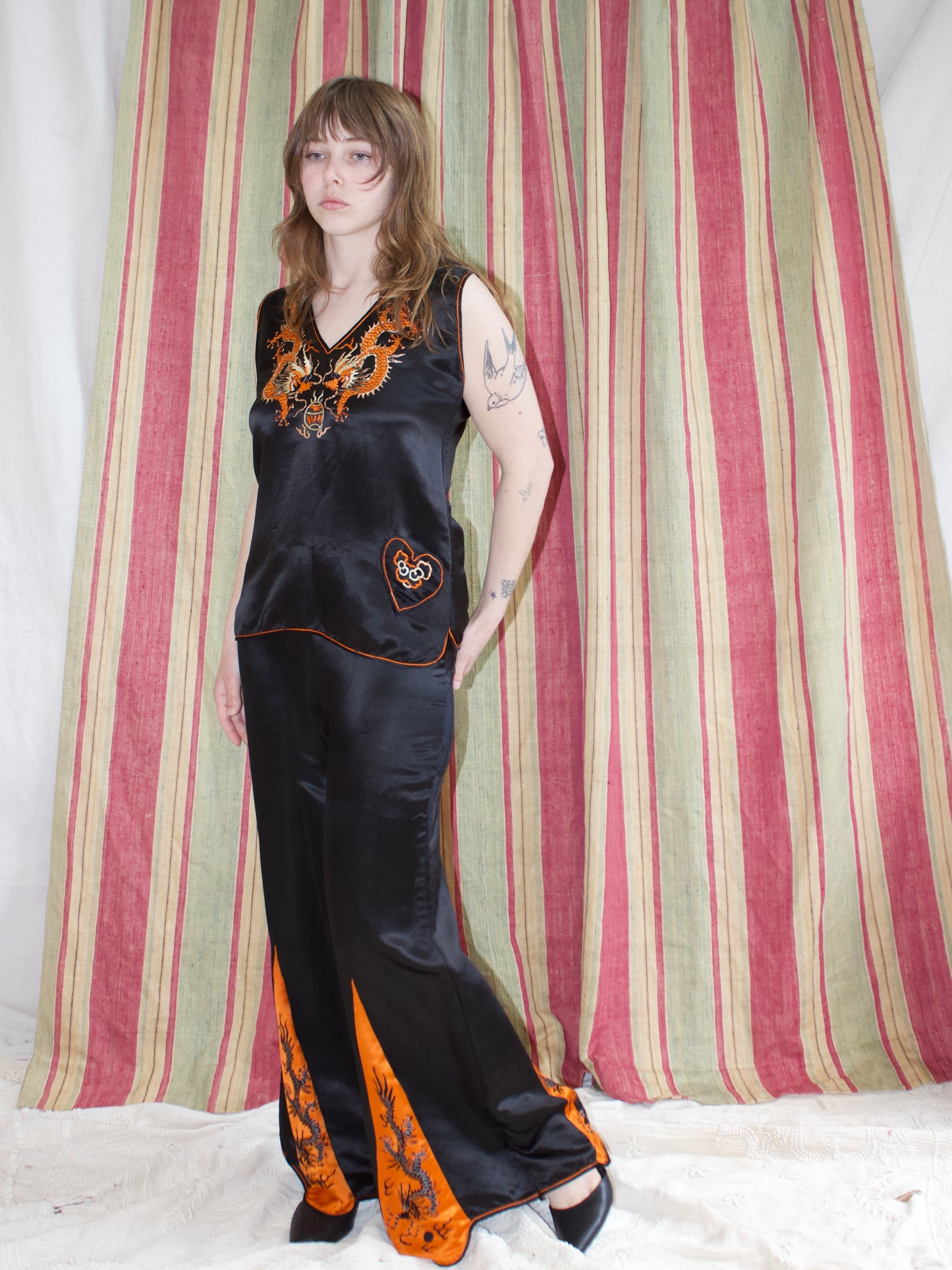 Antique 1920s Silk Wide Leg Chinese Dragon Embroidered 3 PC Lounging Pajamas