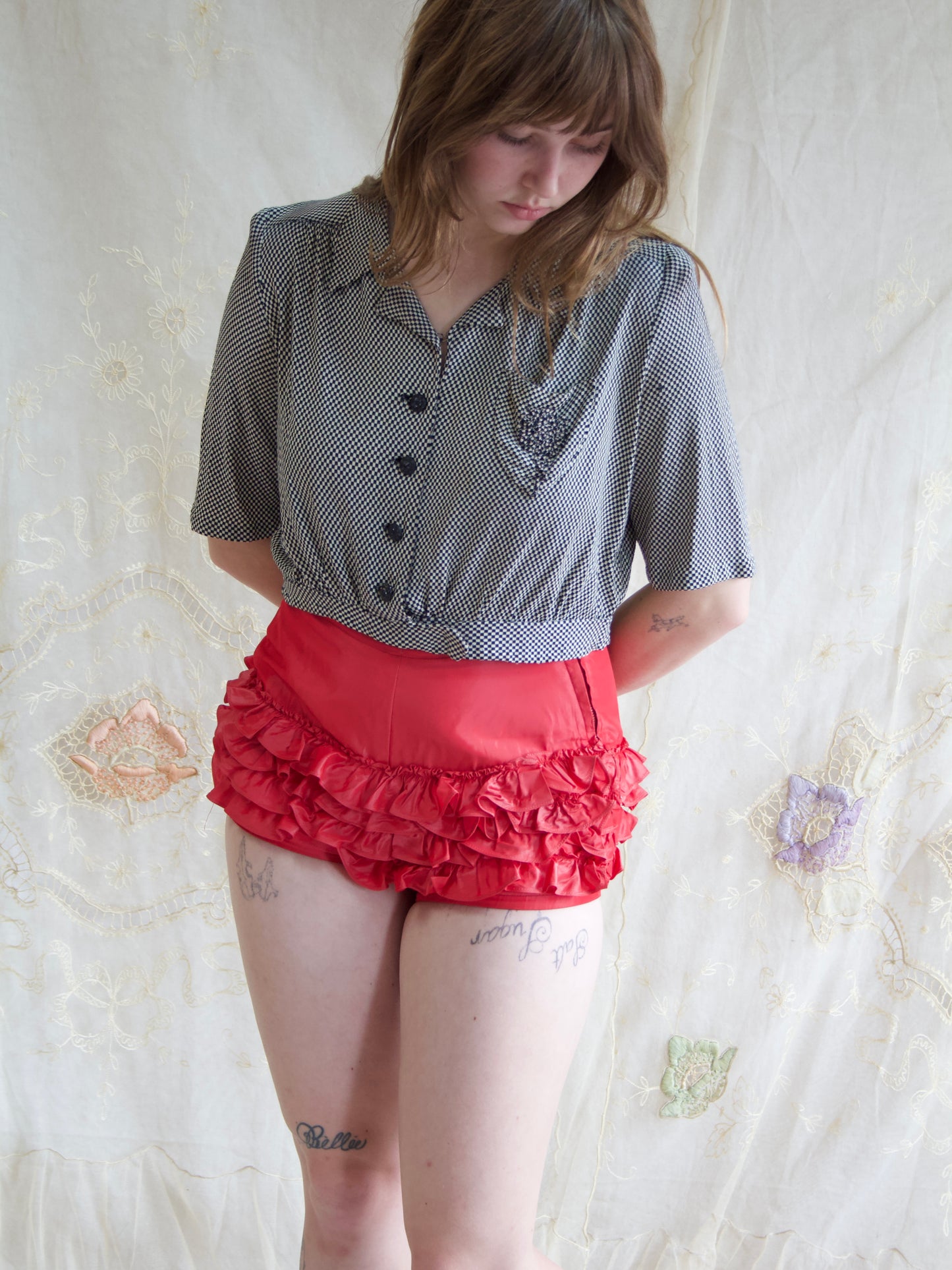 1940s B &W Checkered Jersey Knit Puff Sleeve Cropped Blouse