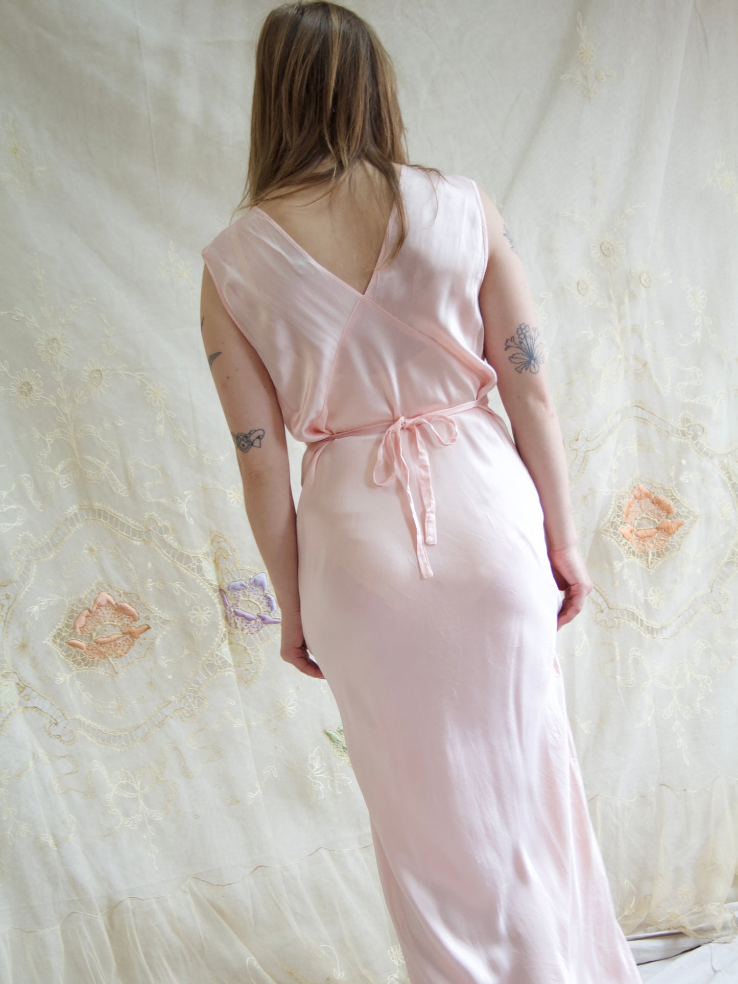1940s Silk/Rayon Ballet Pink Floral Applique Bias Cut Slip Dress