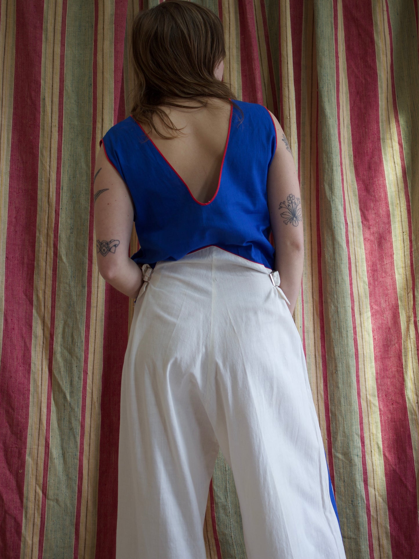 Rare 1930s Tri-Tone Cotton Side Button Beach Pajamas / Overalls w* Side Cinch