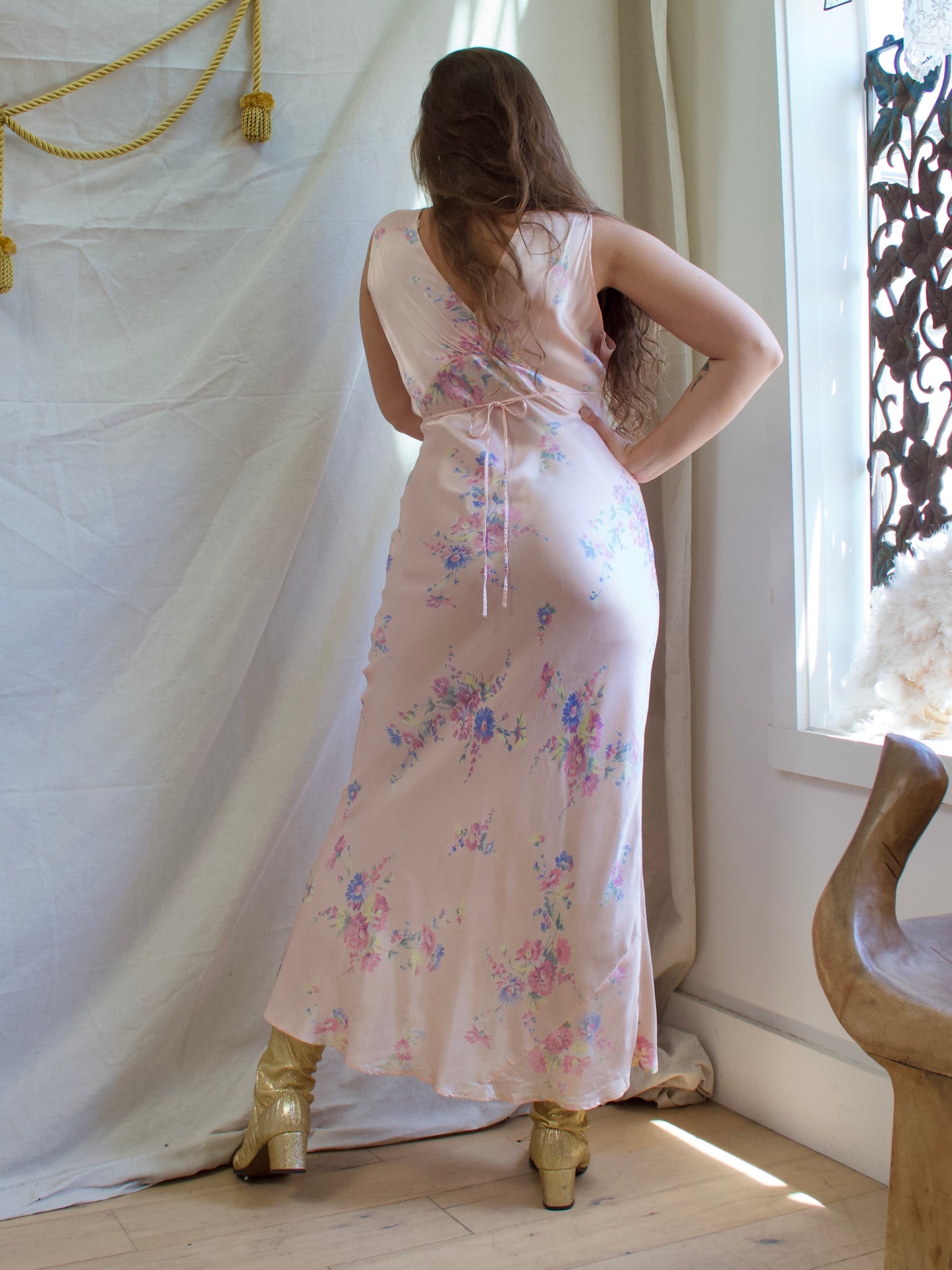 1930s Floral Satin Bias Cut Slip Dress