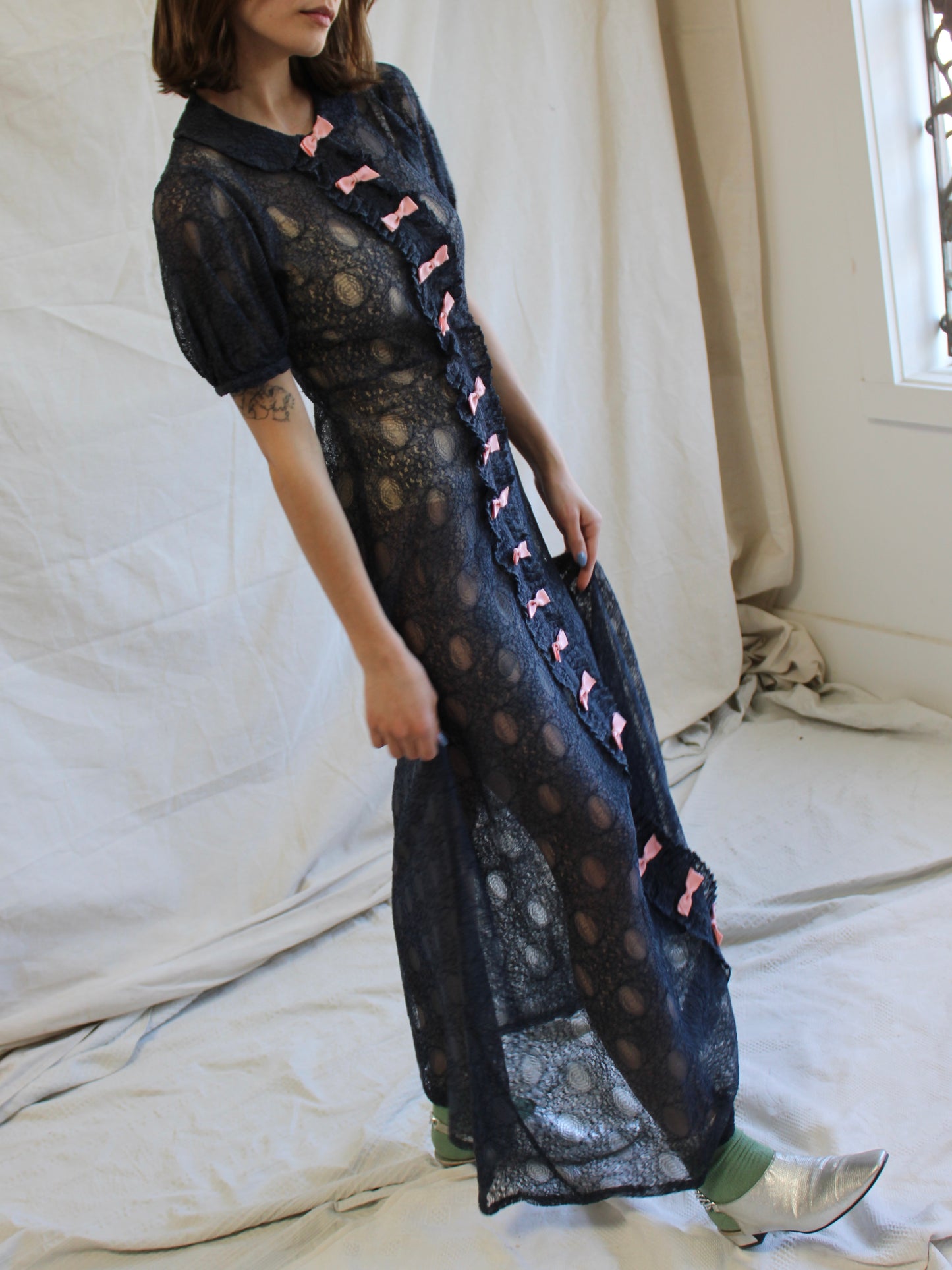 1930s Navy Blue Embroidered Net Puff Sleeve Bow Trimmed Dress