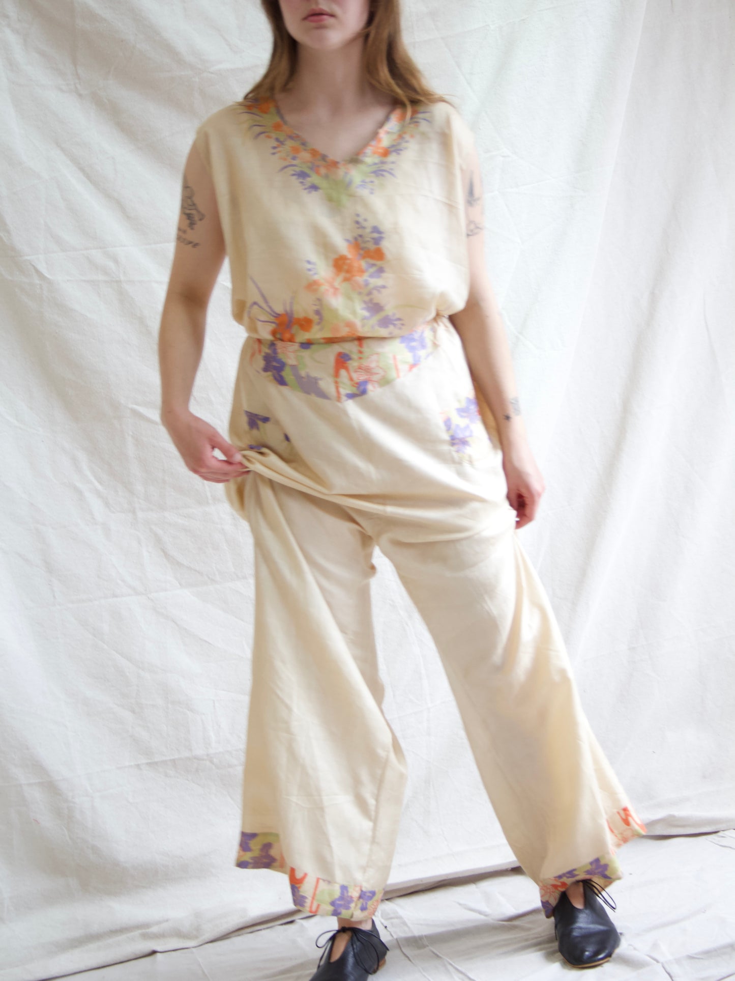 Antique 1920s/1930s Two PC Pongee Silk Palazzo Pant Lounge Set