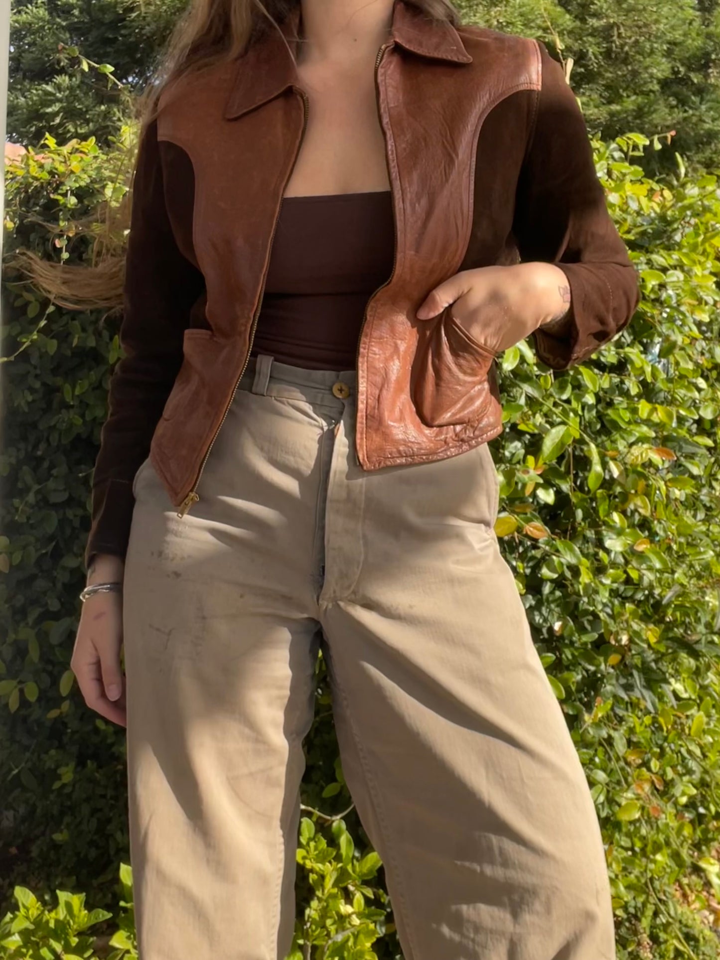1930s-1940s Two Tone Flannel Lined Leather & Suede Side Cinch Jacket