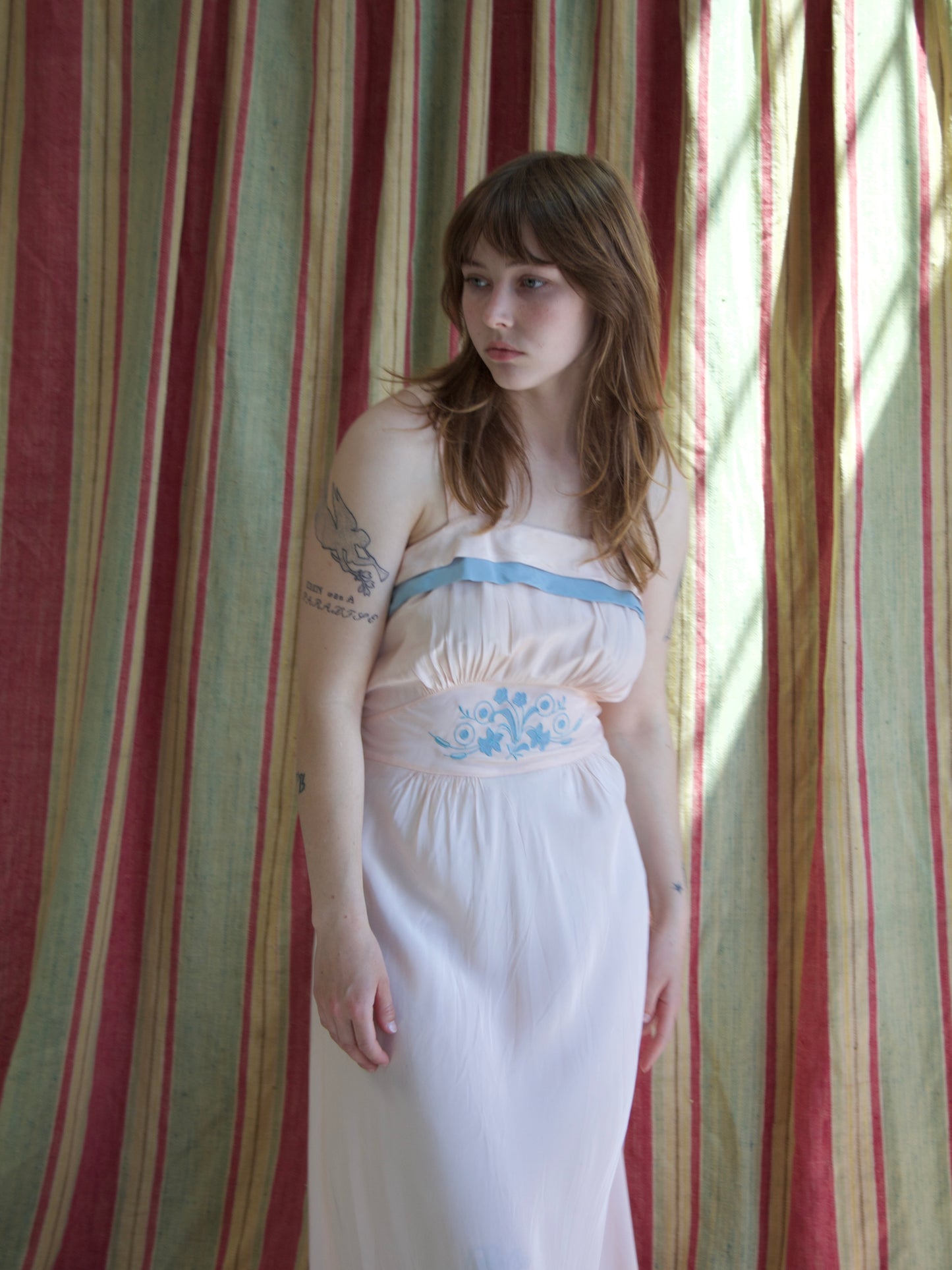 1940s Appliqué Two Tone Cold Rayon Bias Cut Slip Dress