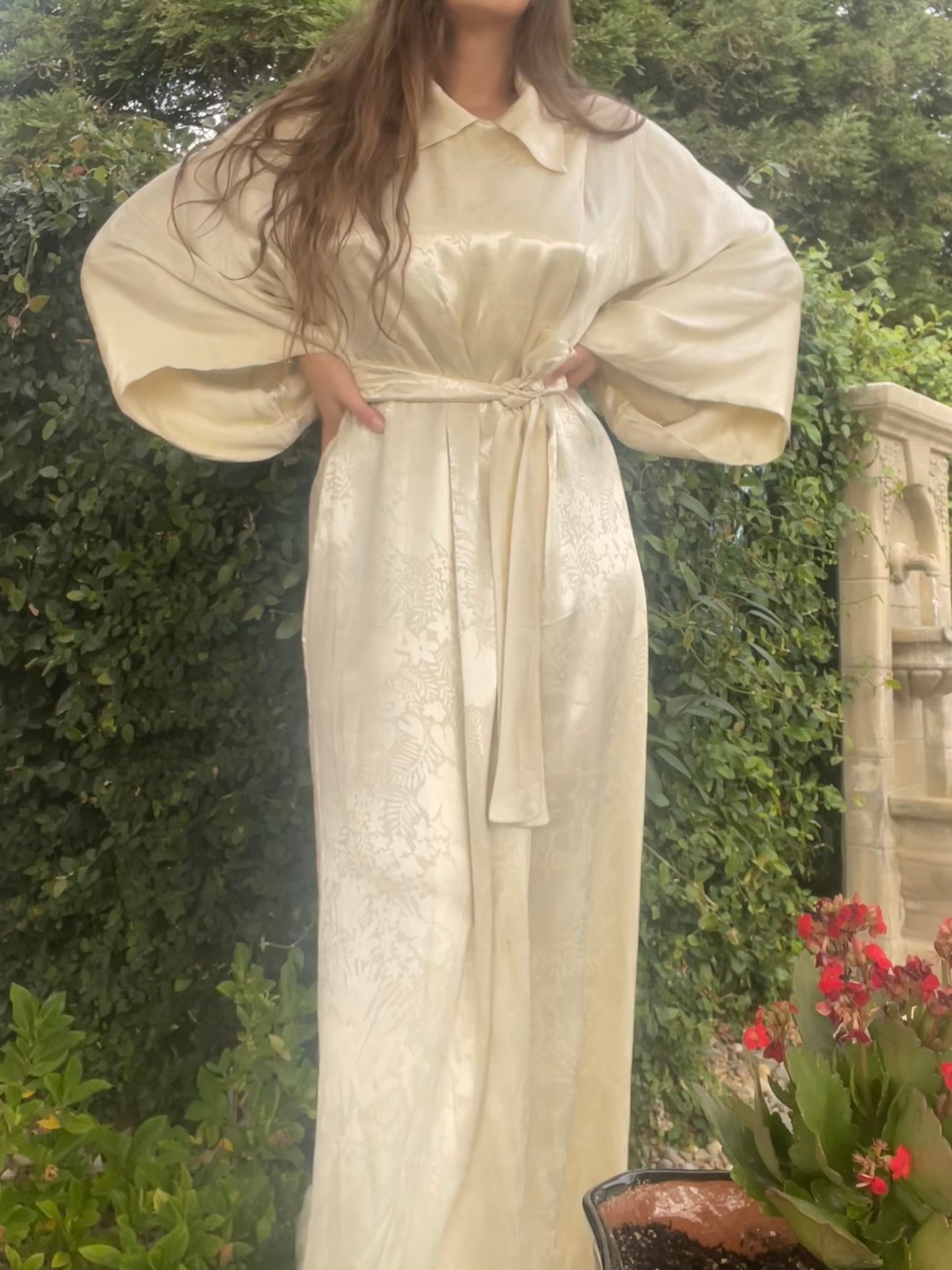 1930s Bell Sleeve Floral Ivory Charmeuse Collared Hostess Gown