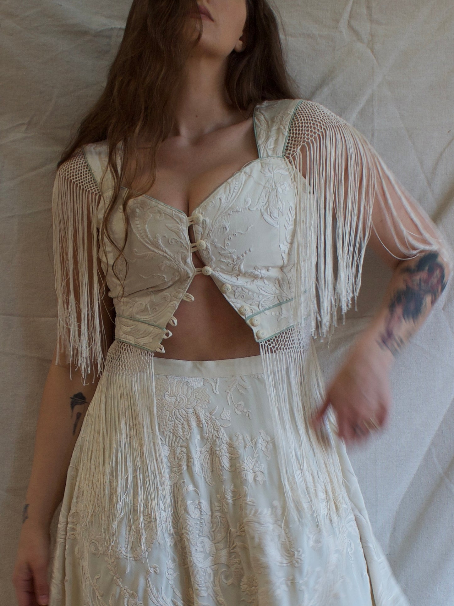 Antique Embroidered Fringe Piano Shawl Made Two Piece Gown