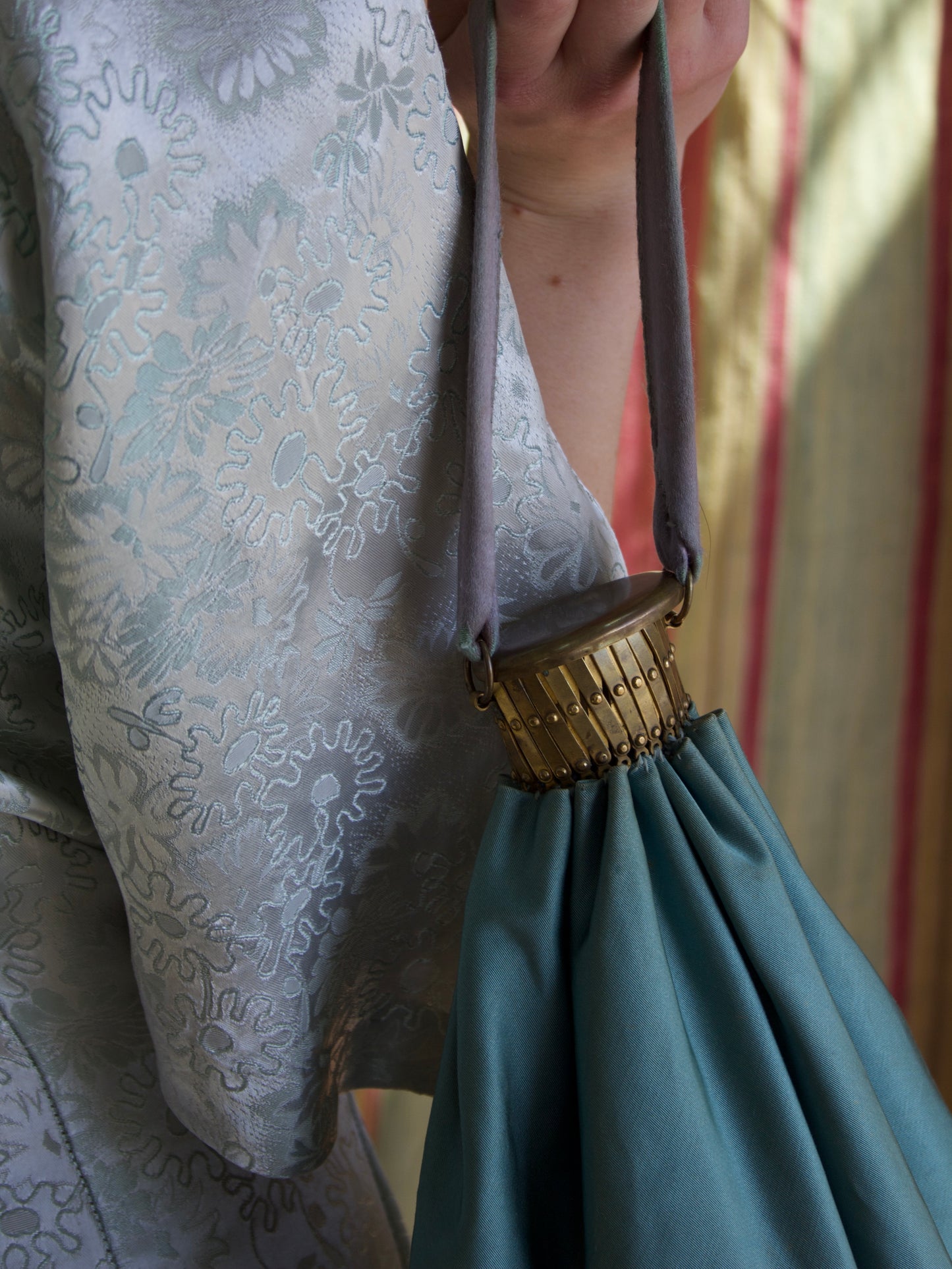 Antique 1920s Pale Pastel Aqua Silk Accordion Closure Bag