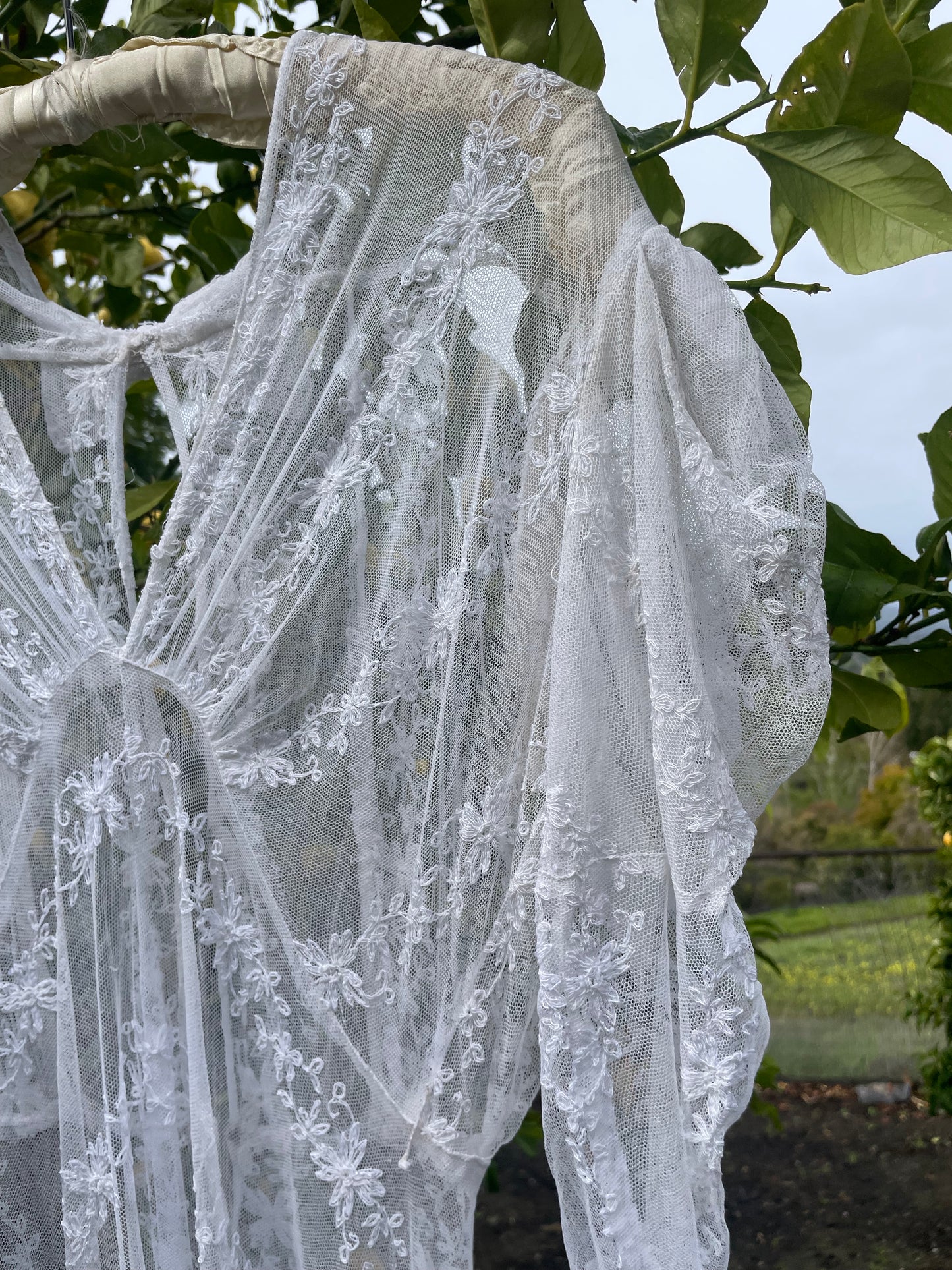 Edwardian Embroidered Net Lace Gigot Sleeve Bridal Gown