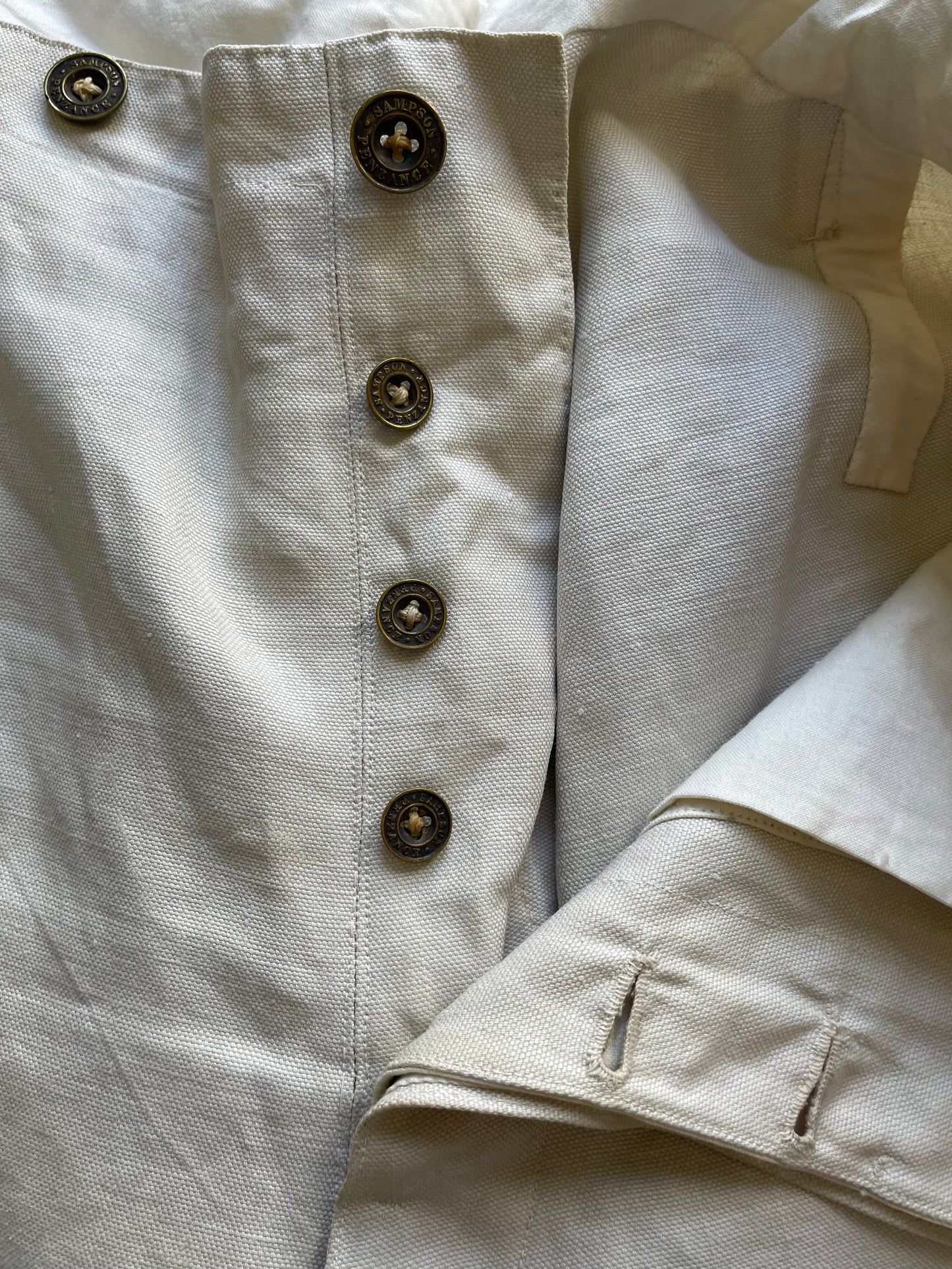 1886 French Linen Buckle Back Fishtail Breeches