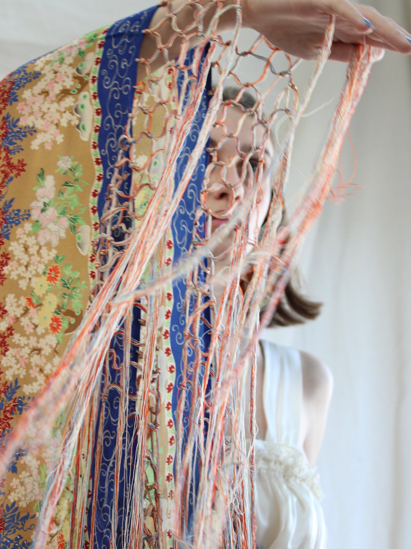 Antique 1920s Japanese Florals Printed Silk Knotted Fringe Shawl