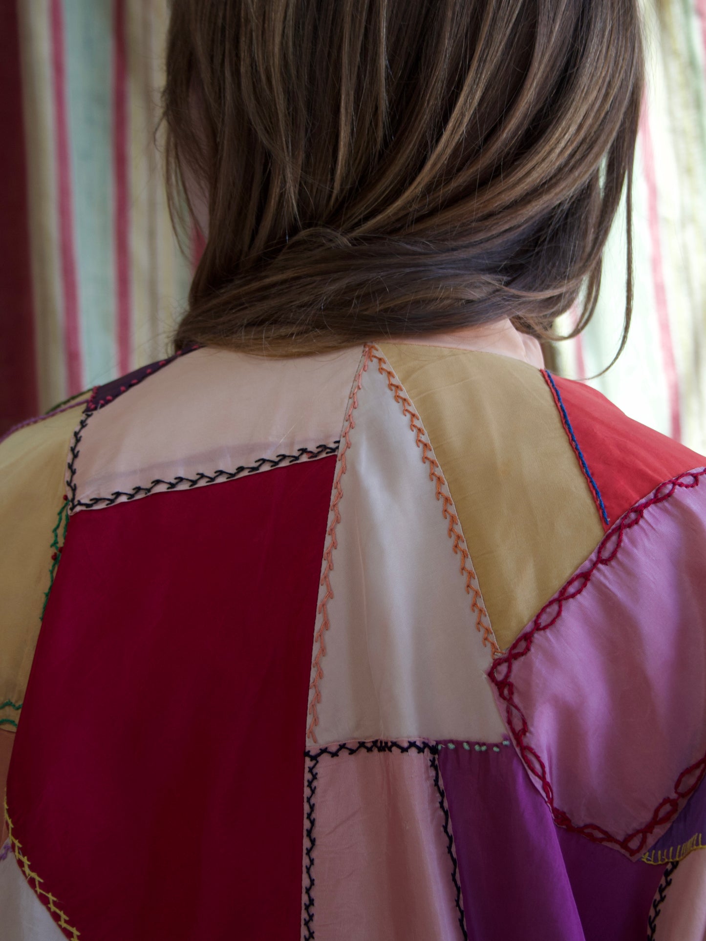 1940s Neon Rayon Crazy Quilt Bell Sleeve Tunic Style Jacket