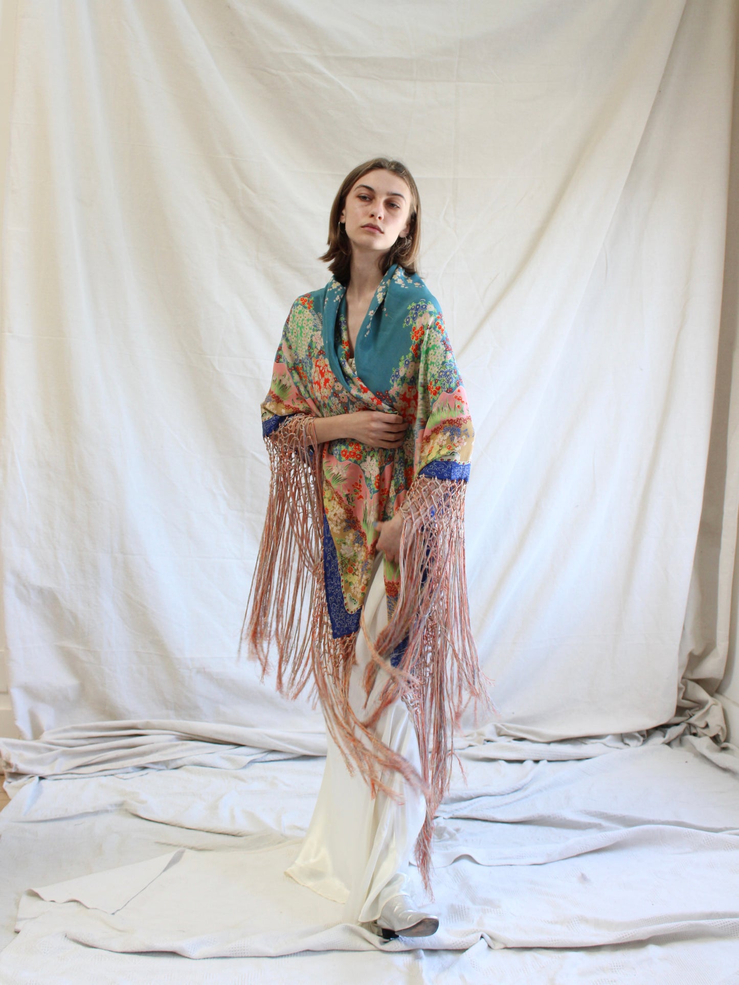 Antique 1920s Japanese Florals Printed Silk Knotted Fringe Shawl