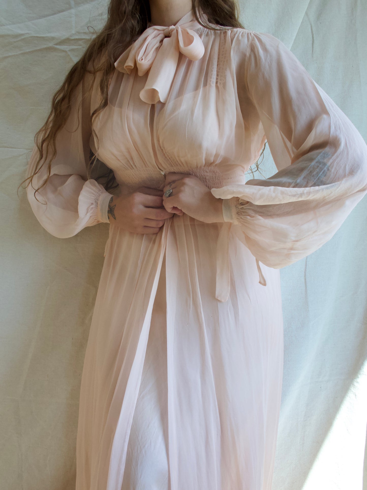 1930s Chiffon Bishop Sleeve Smocked Trained Peignoir
