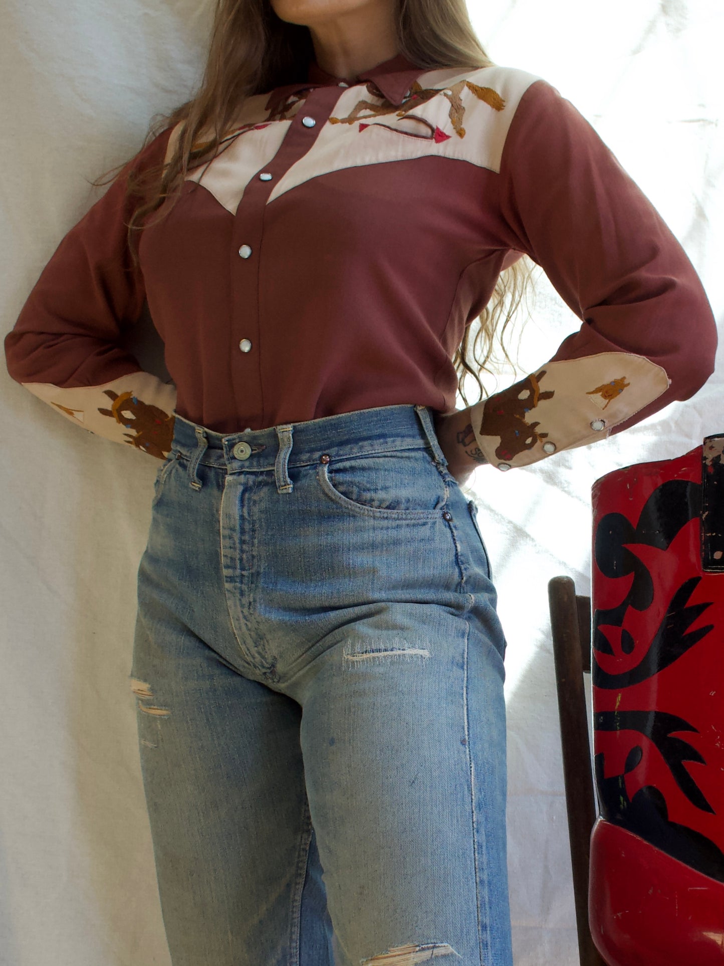 1940s Hand Embroidered Horses Gabardine Western Shirt