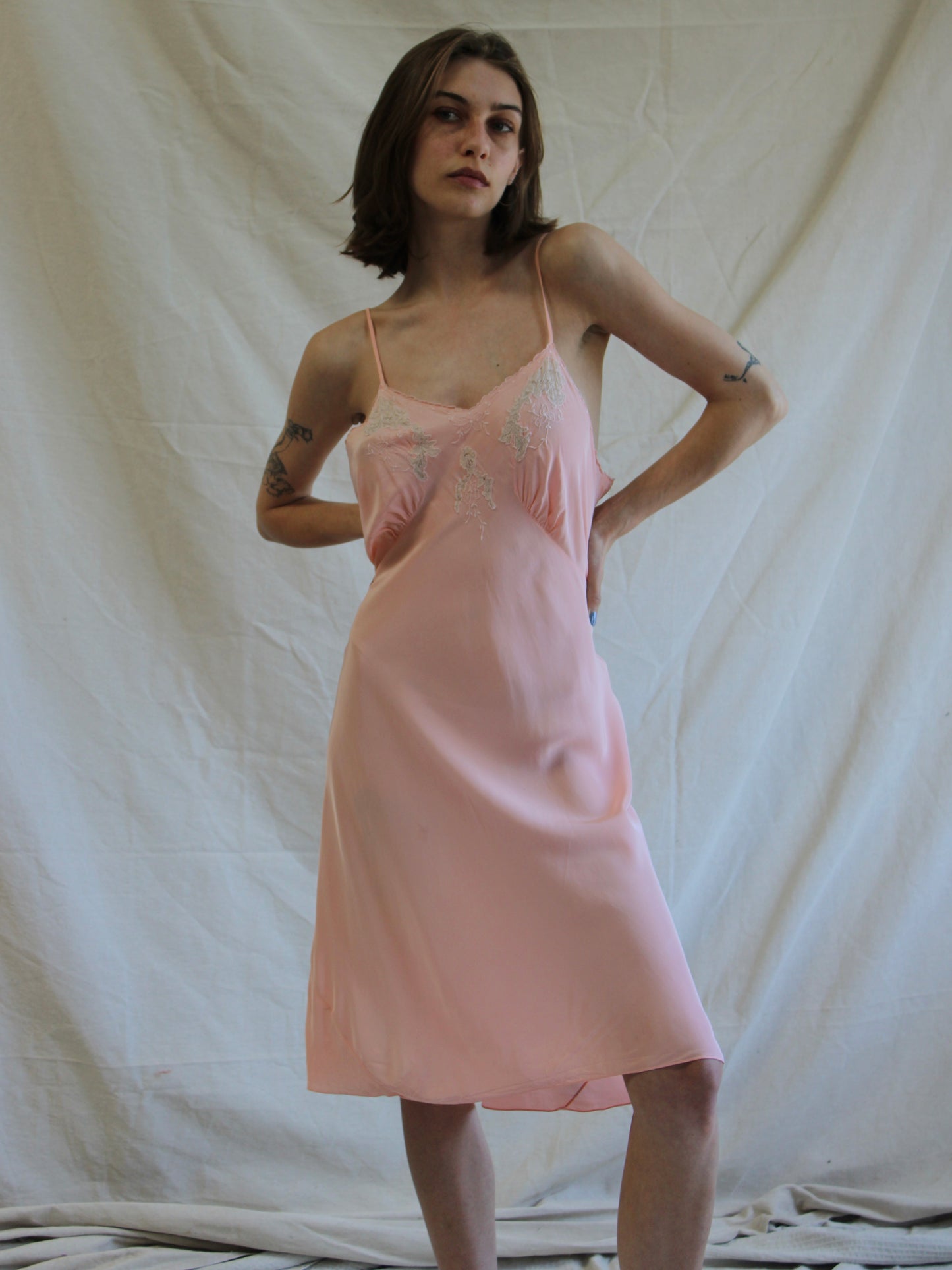1940s Cold Rayon Insertion Lace Short Bias Cut Slip Dress