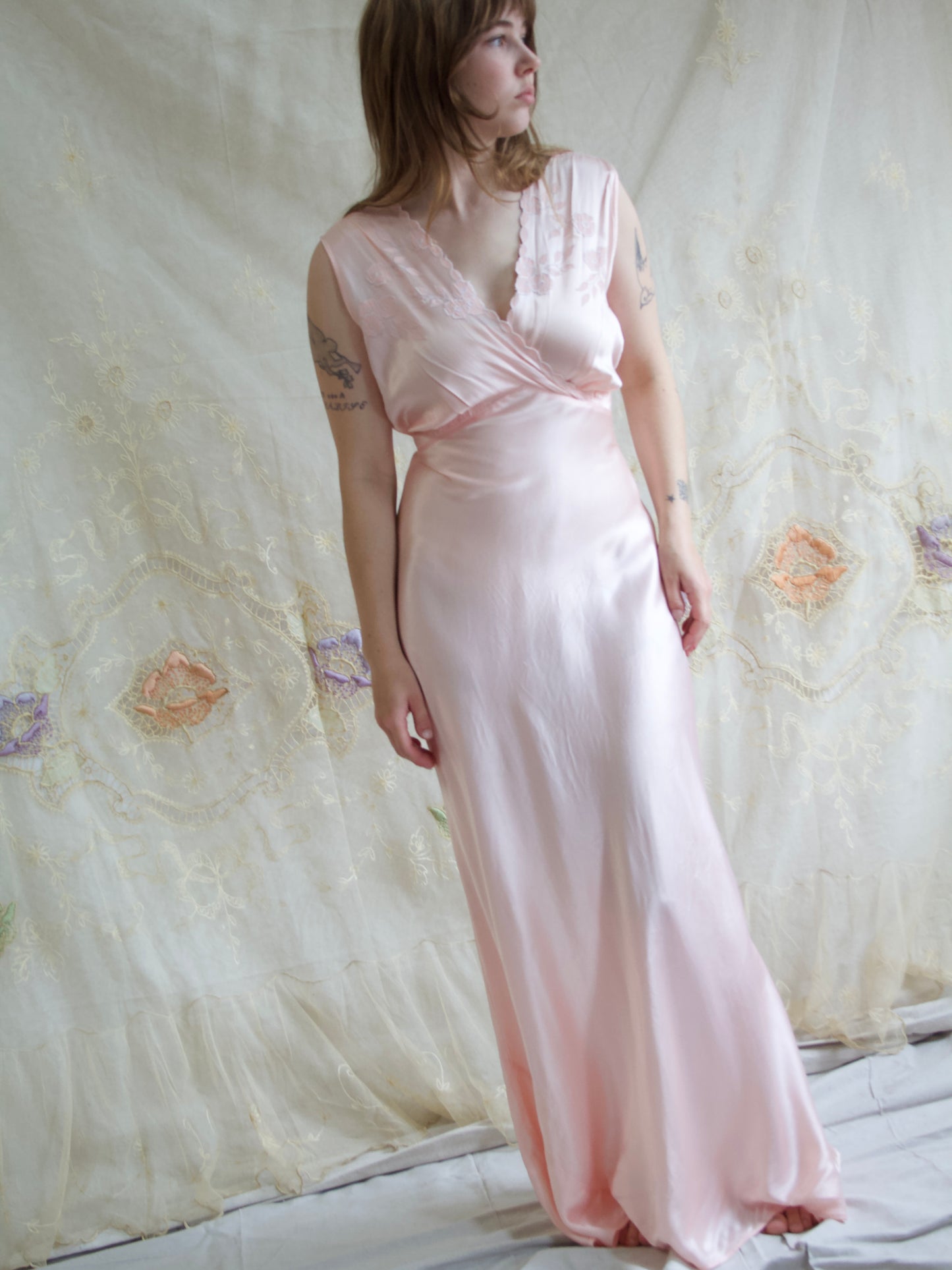 1940s Silk/Rayon Ballet Pink Floral Applique Bias Cut Slip Dress