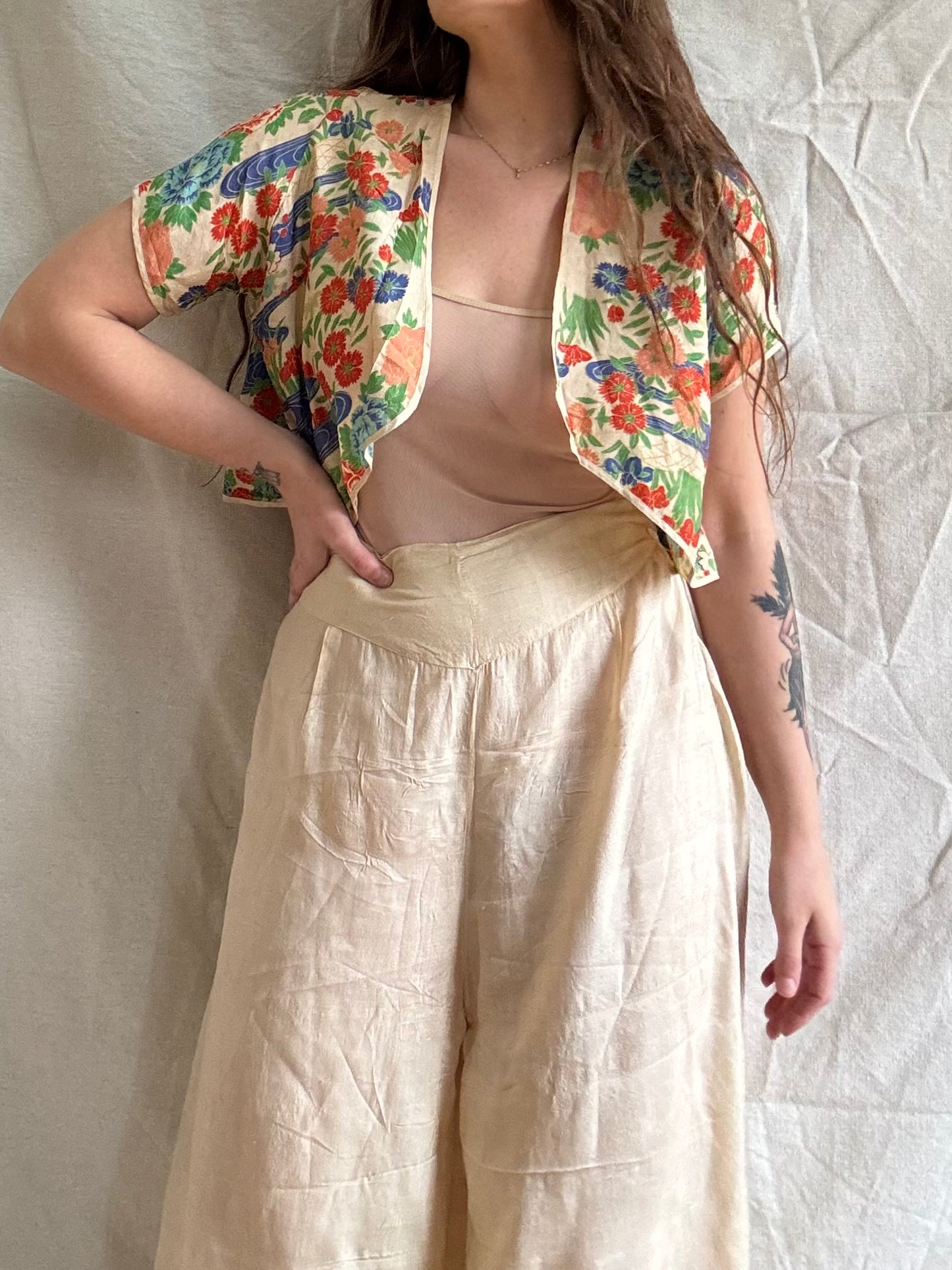 Antique 1920s Two Piece Japanese Pongee Silk Palazzo Pant Set