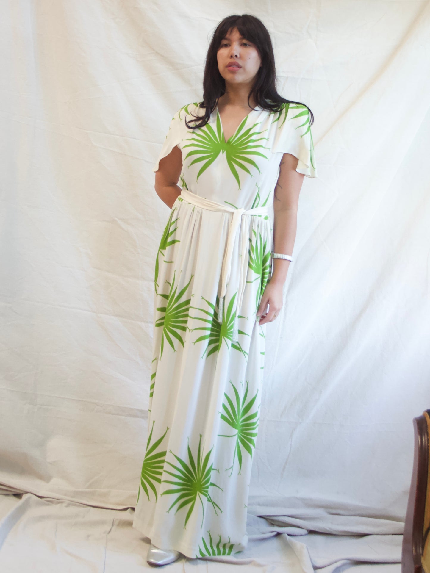 1940s Strong Shoulder Lime Green Palm Print Silk Crepe Dress
