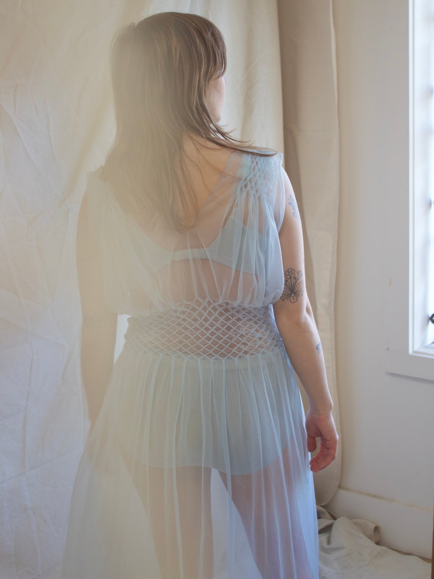1930s/1940s Pale Blue Embroidered Nylon Honeycomb Smocked Slip Dress